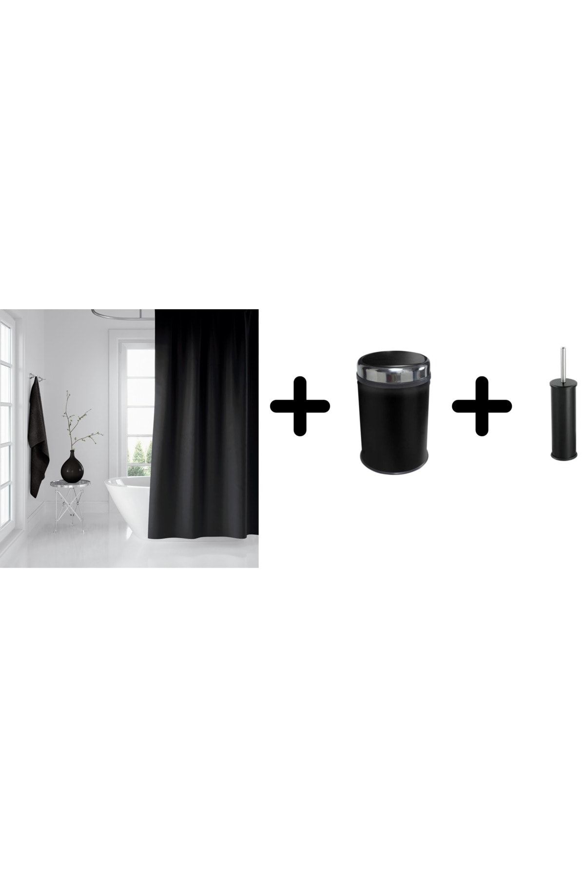 Zethome Banyo Duş Perdesi Siyah Çift Kanat Pratik Kapak 5 Lt Çöp Kovası Ve Tuvalet Fırçası Set