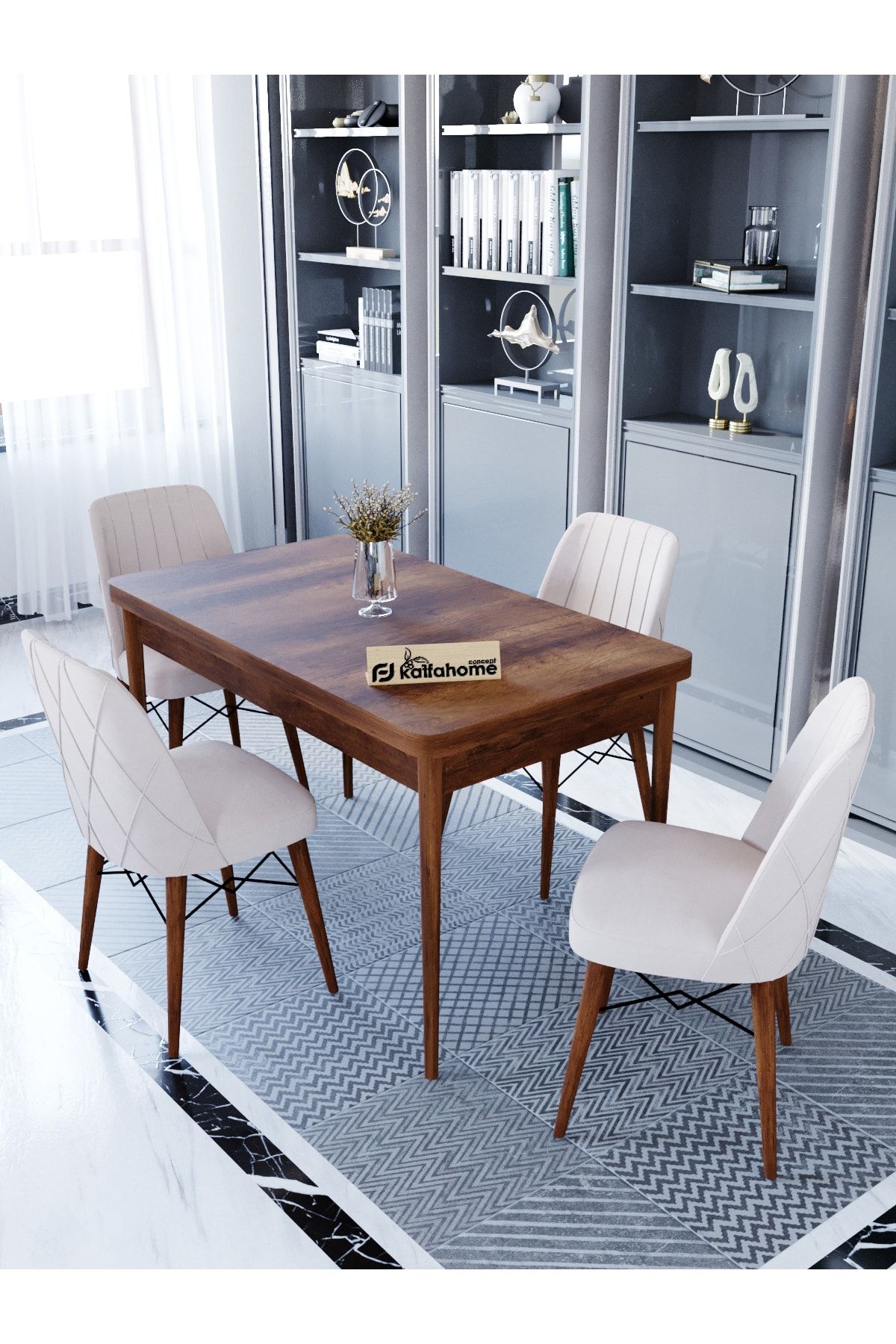 Kaffahome Maxi Barok 70x110 Cm Sabit Mutfak Masası , 4 Kişilik Masa Sandalye Takımı - Krem