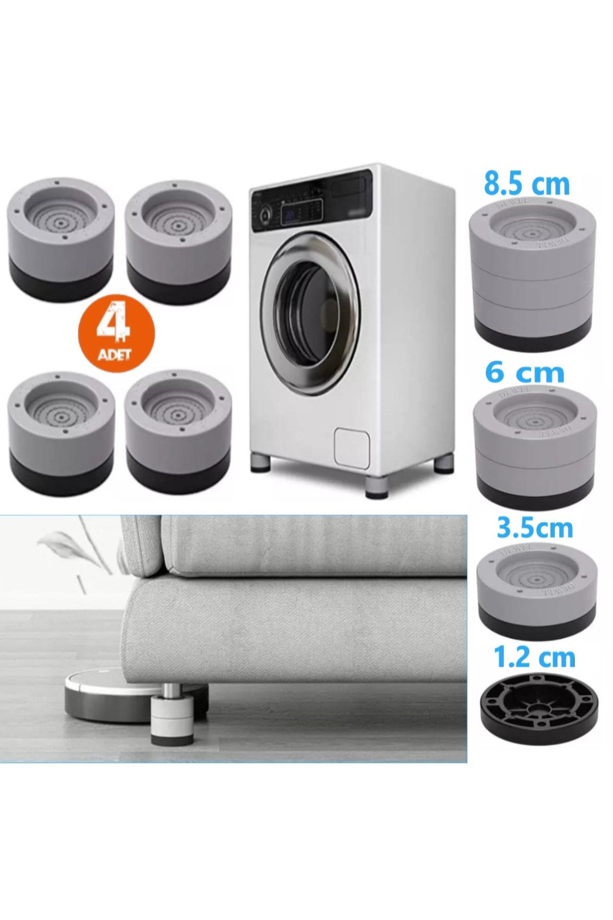 TİNEKE Beyaz Eşya Ayağı Çamaşır Makinesi Mobilya Titreşim Önleyici Kaydırmaz Ve 3.5 Cm Yükseltici 4 Lü Set