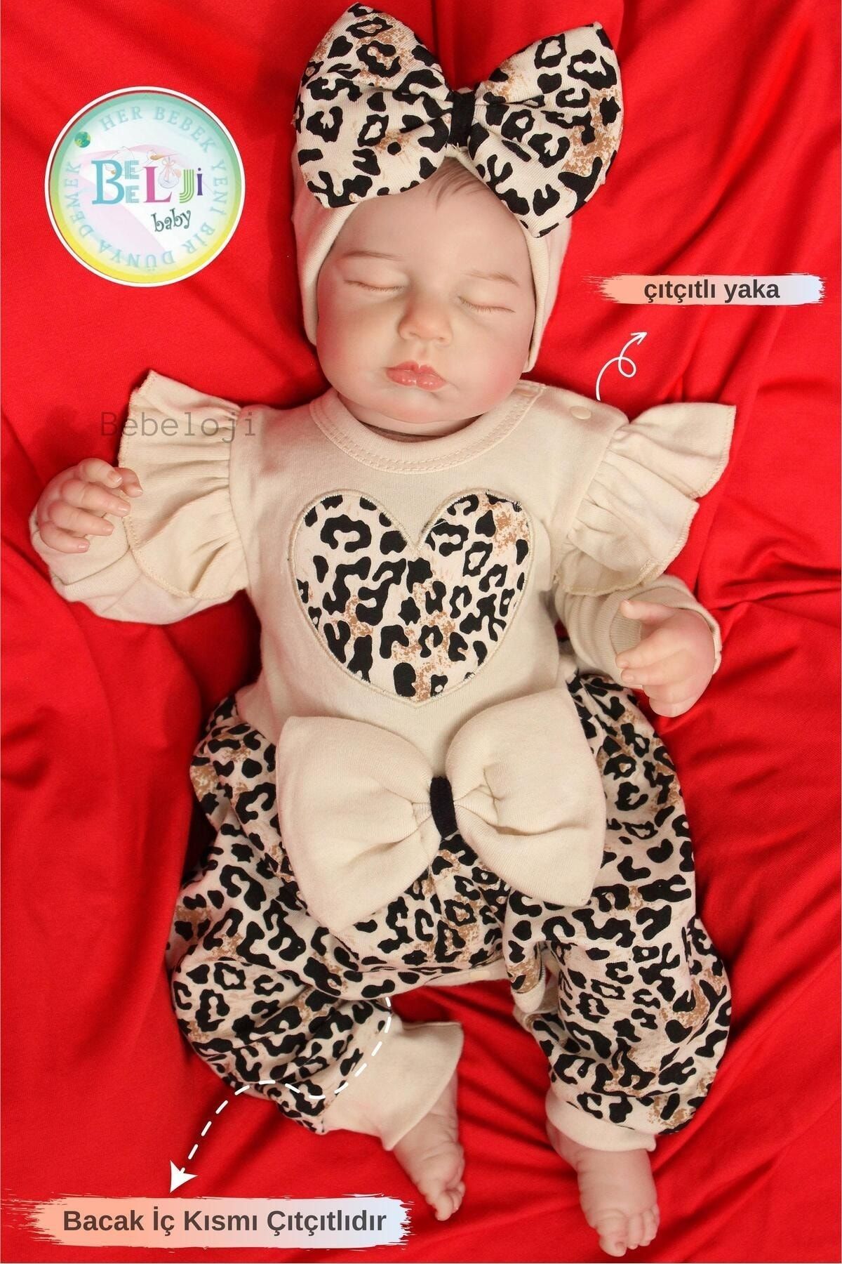 Bebeloji Baby Lena Fiyonklu Leoparlı Kız Bebek Tulum Bandana Set ( Yenidoğan tulum yenidoğan kıyafeti )