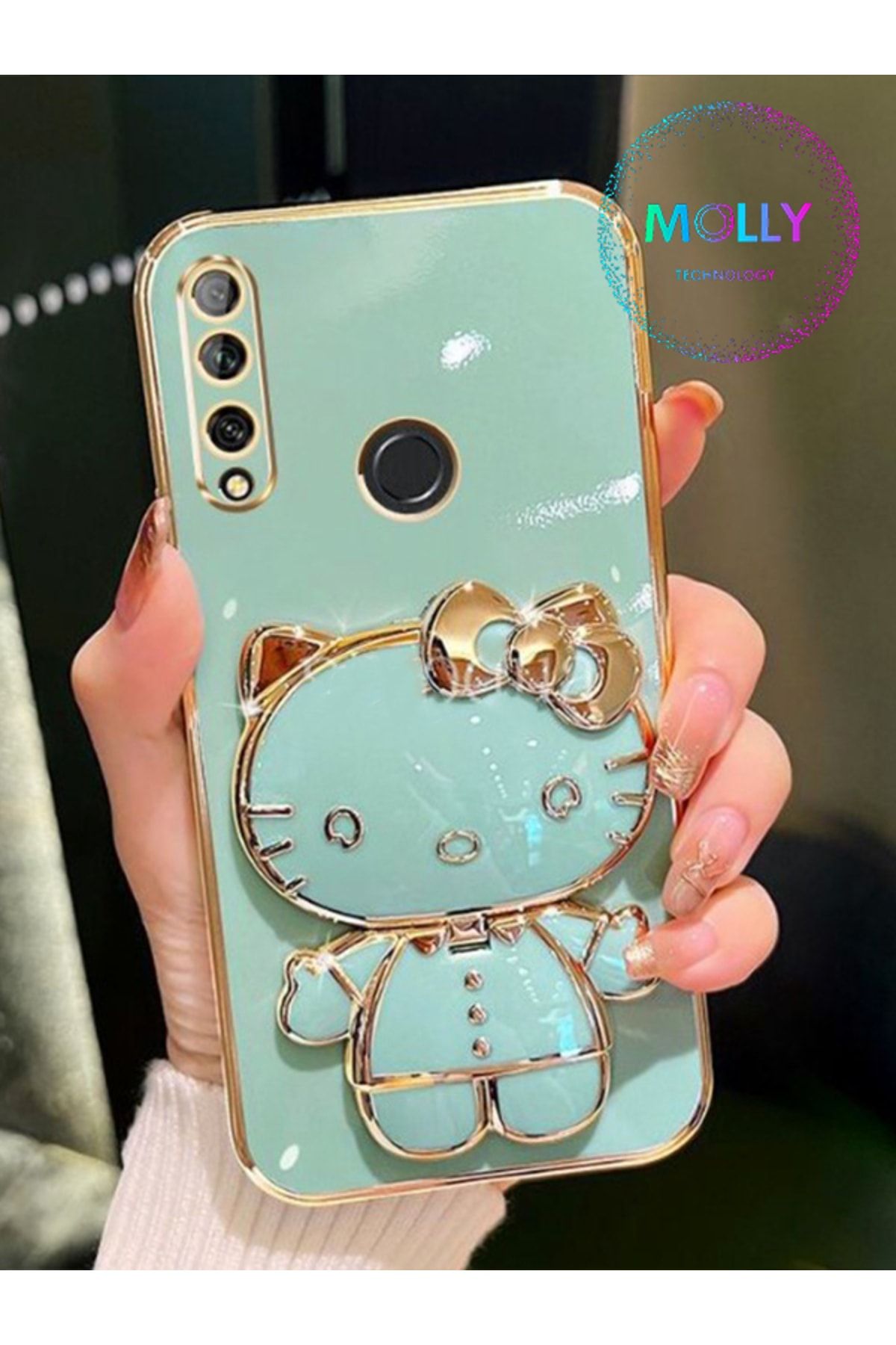 Molly Technology Huawei Y9 Prime 2019 İçin Su Yeşili Hello Kitty Standlı Kenarları Gold Detaylı Lüks Silikon Kılıf