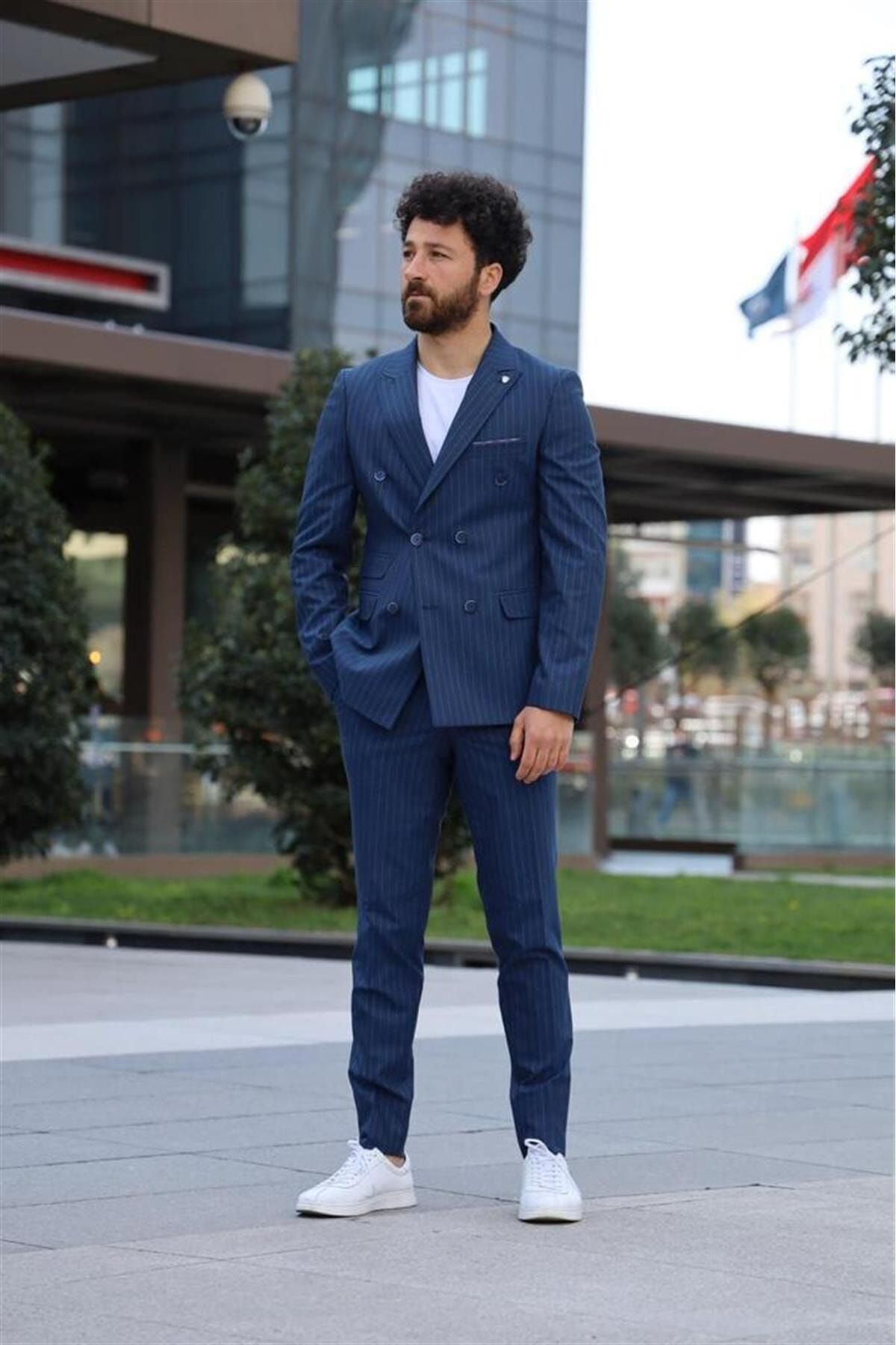 PAREZ Italyan Stil Kruvaze Takım Elbise Ceket Pantolon