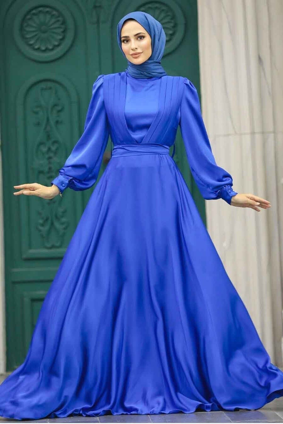 Neva Style Tesettürlü Abiye Elbise - Drape Detaylı Sax Mavisi Tesettür Saten Abiye Elbise 40621SX