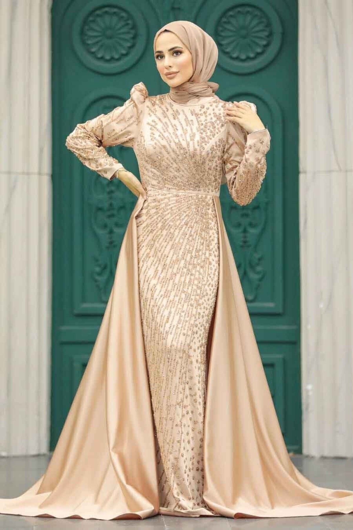 Neva Style Tesettürlü Abiye Elbise - Kuyruklu Gold Tesettür Saten Abiye Elbise 23310GOLD