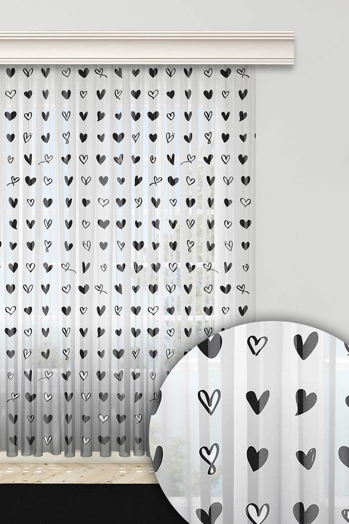 Grandgri Siyah Beyaz Zemin Sıralı Kalp Desen Baskılı Genç Odası Tül Perde