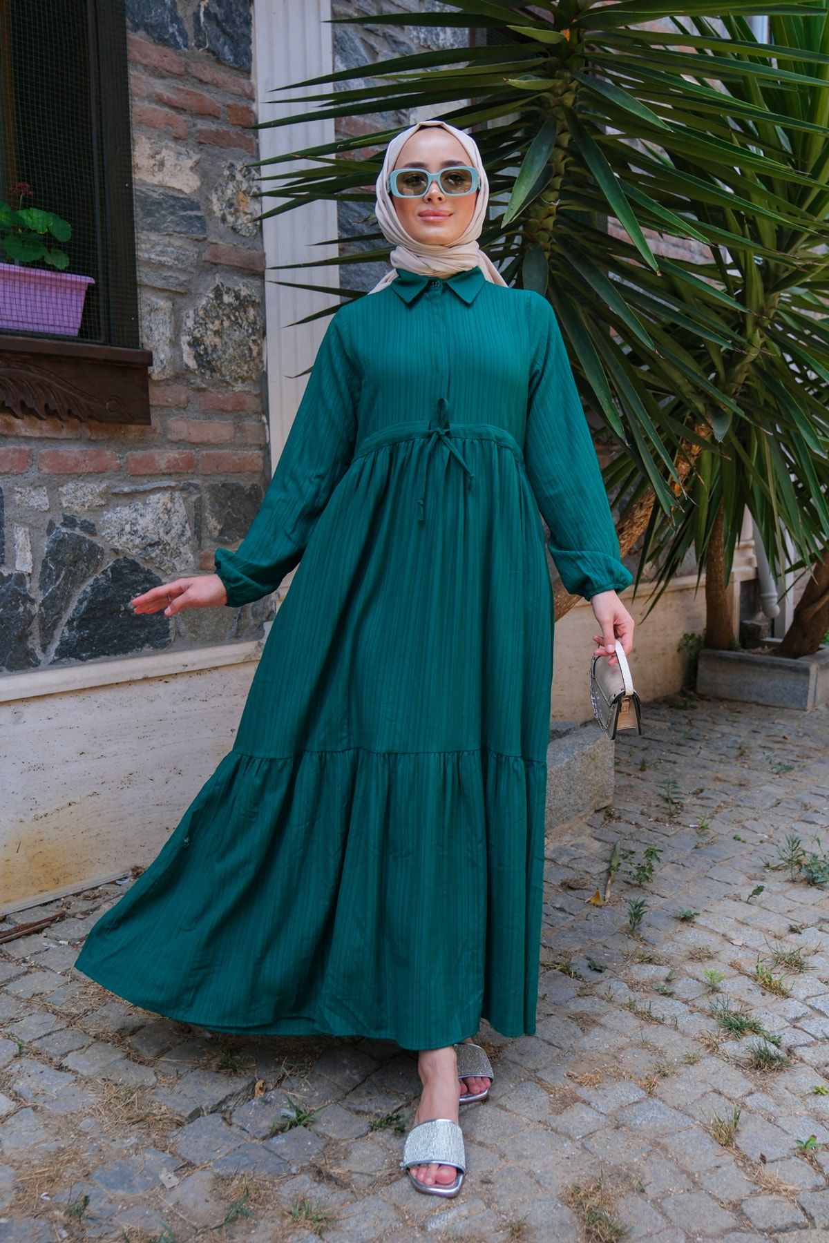 LOCCO Kadın Bel Büzgülü Tesettür Elbise Zümrüt Yeşil