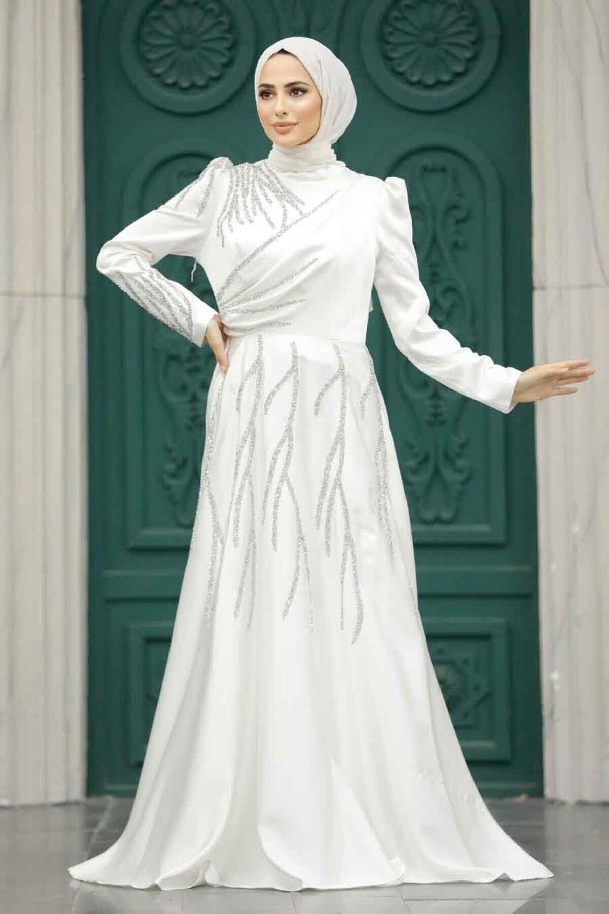Neva Style Tesettürlü Abiye Elbise - Boncuk İşlemeli Ekru Tesettür Saten Abiye Elbise 3984E