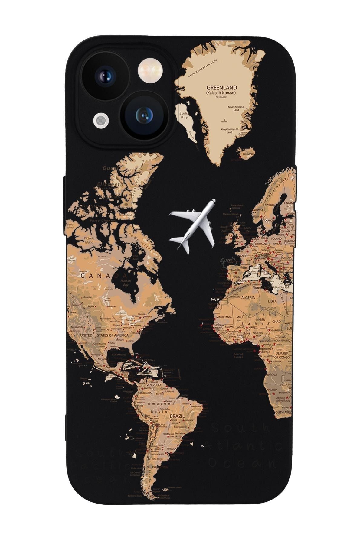 mooodcase Iphone 13 Uyumlu Dünya Harita Desenli Kamera Lens Korumalı Darbe Emici Silikonlu Lansman Kılıf