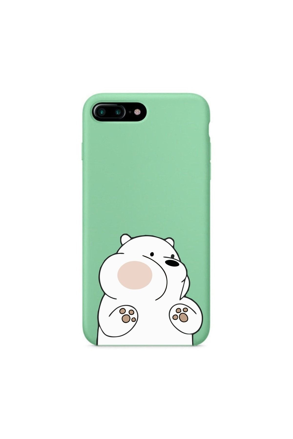 mooodcase Iphone 7 Plus Premium Lansman Pastel Mint Yeşil Telefon Kılıfı Kırmızı Yanaklı Ayıcık Desenli