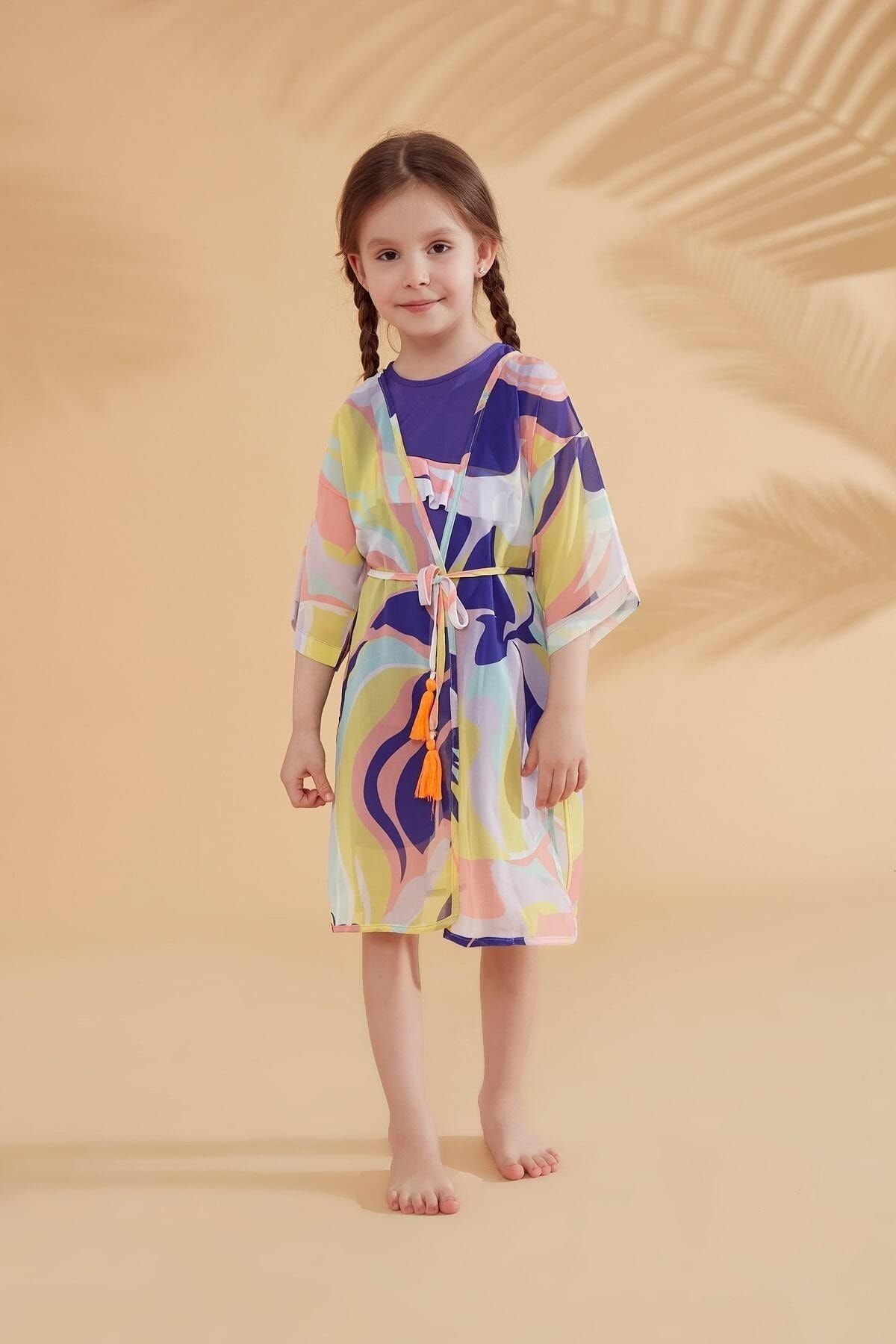 Neva Style Mor Çocuk Desenli Renkli Kimono Kaftan P2333MOR