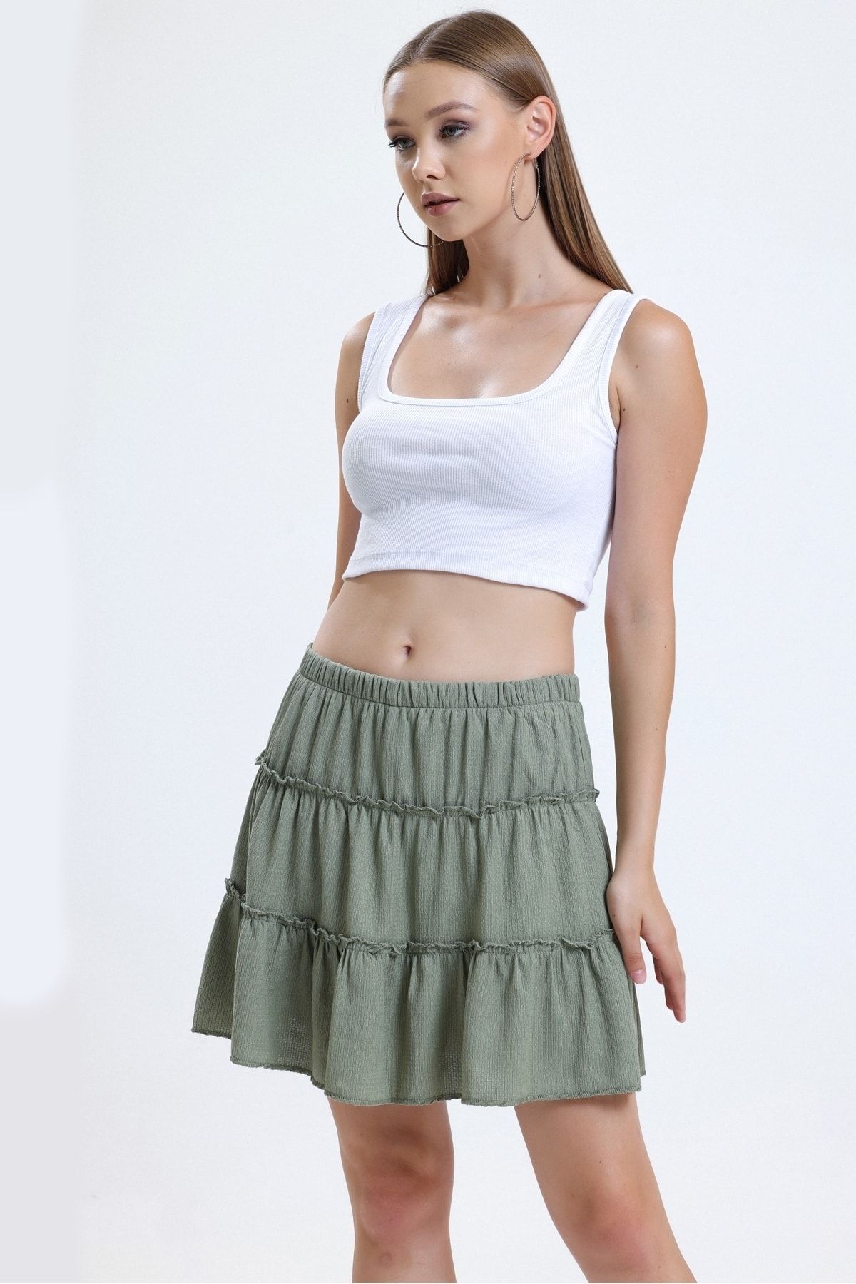 MD trend Kadın Mint Yeşil İçi Şortlu Bel Lastikli Mini Etek