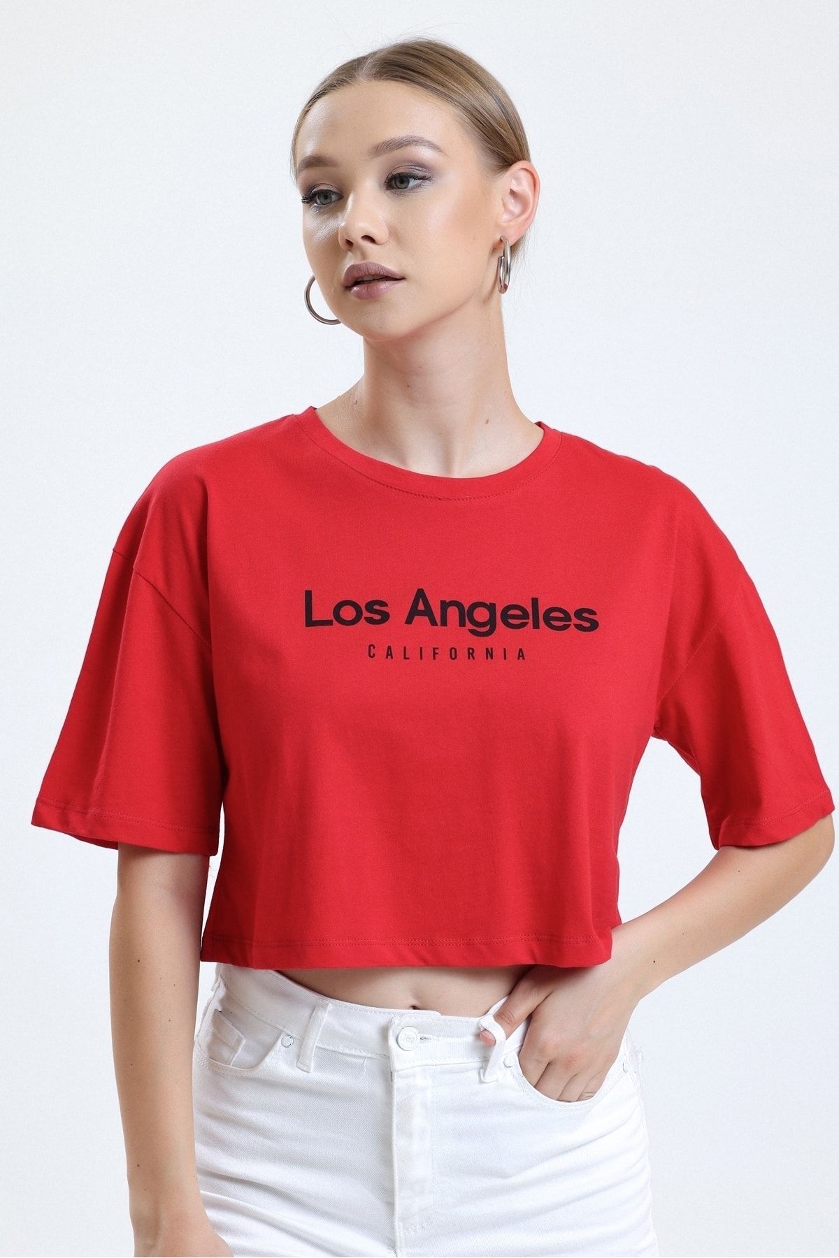 MD trend Kadın Kırmızı Baskılı Bisiklet Yaka Basic Crop T-shirt
