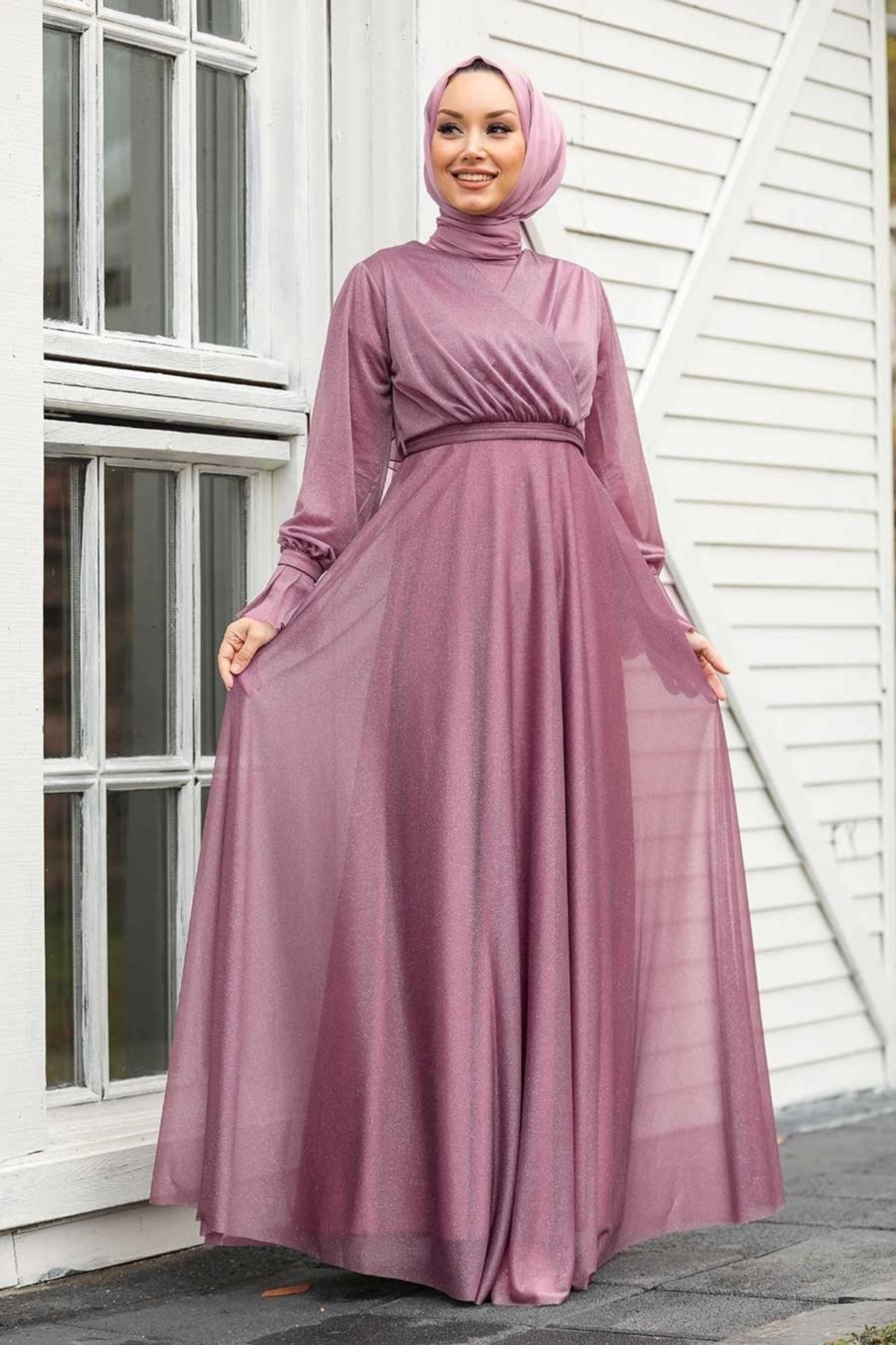 Neva Style Kadın Koyu Lila Tesettürlü Abiye Elbise 22202klıla
