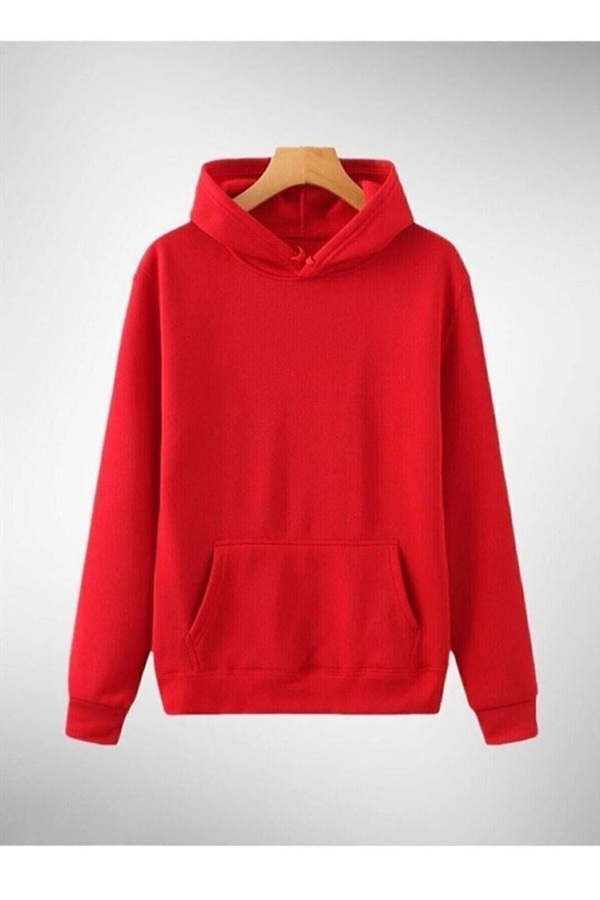 oneoff 2 Iplik Unisex Kırmızı Kapüşonlu Kanguru Cep Sweatshirt Slımfıtt