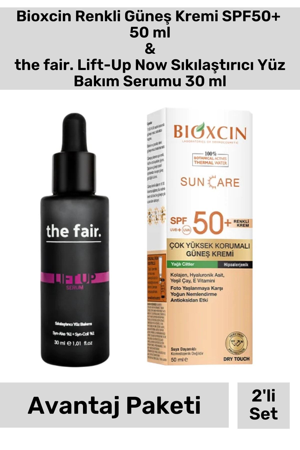 Bioxcin Renkli Güneş Kremi SPF50+ 50 ml & the fair. Lift-Up Now Sıkılaştırıcı Yüz Bakım Serumu 30 ml