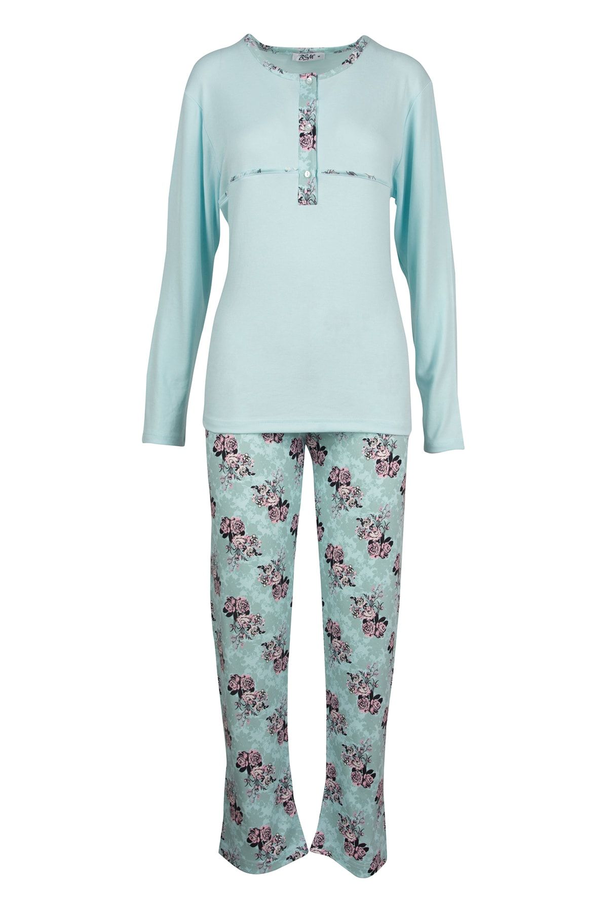BSM Kadın Pamuklu Yüksek Kalite Üç Düğmeli Uzun Kol Pijama takımı