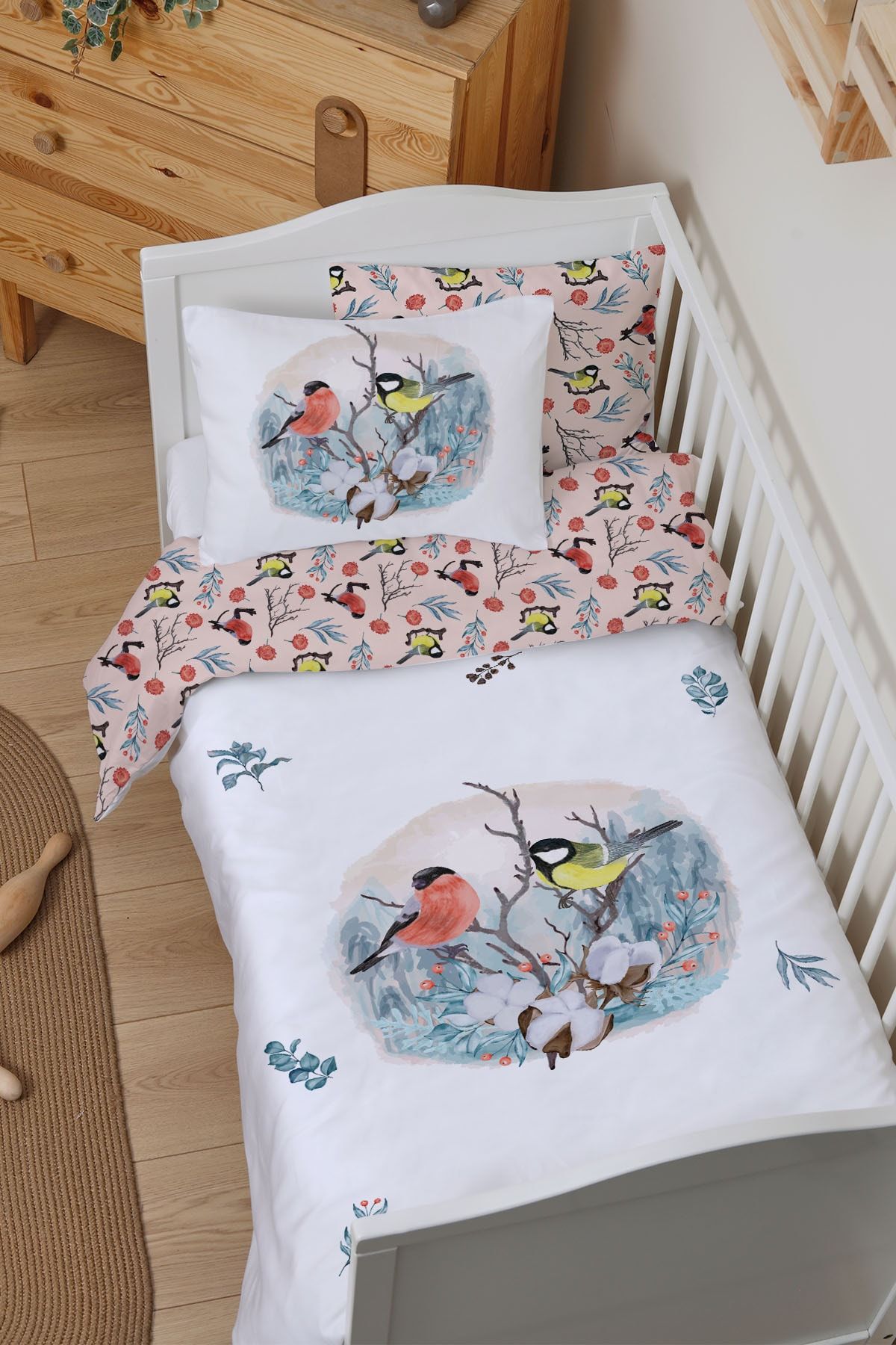 Tuğba Kuğu Park Yatak Beşik Nevresim Takımı (80x120) - For Baby Serisi - Dalda Romantik Kuşlar