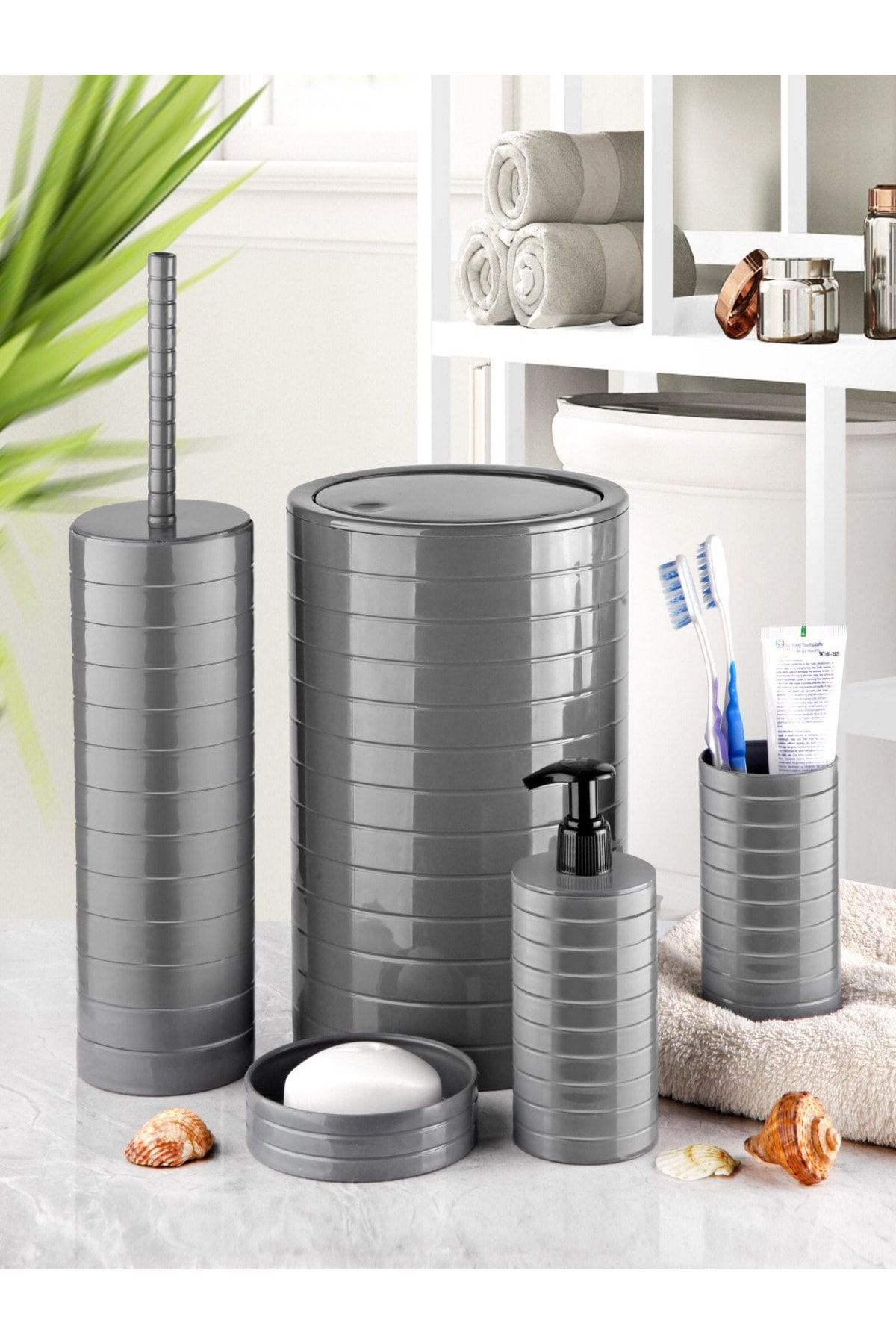 Bayev Moblen Gri Yuvarlak Banyo Seti 5'li Set Çöp Kovası Diş Fırçalık Sıvı Sabunluk