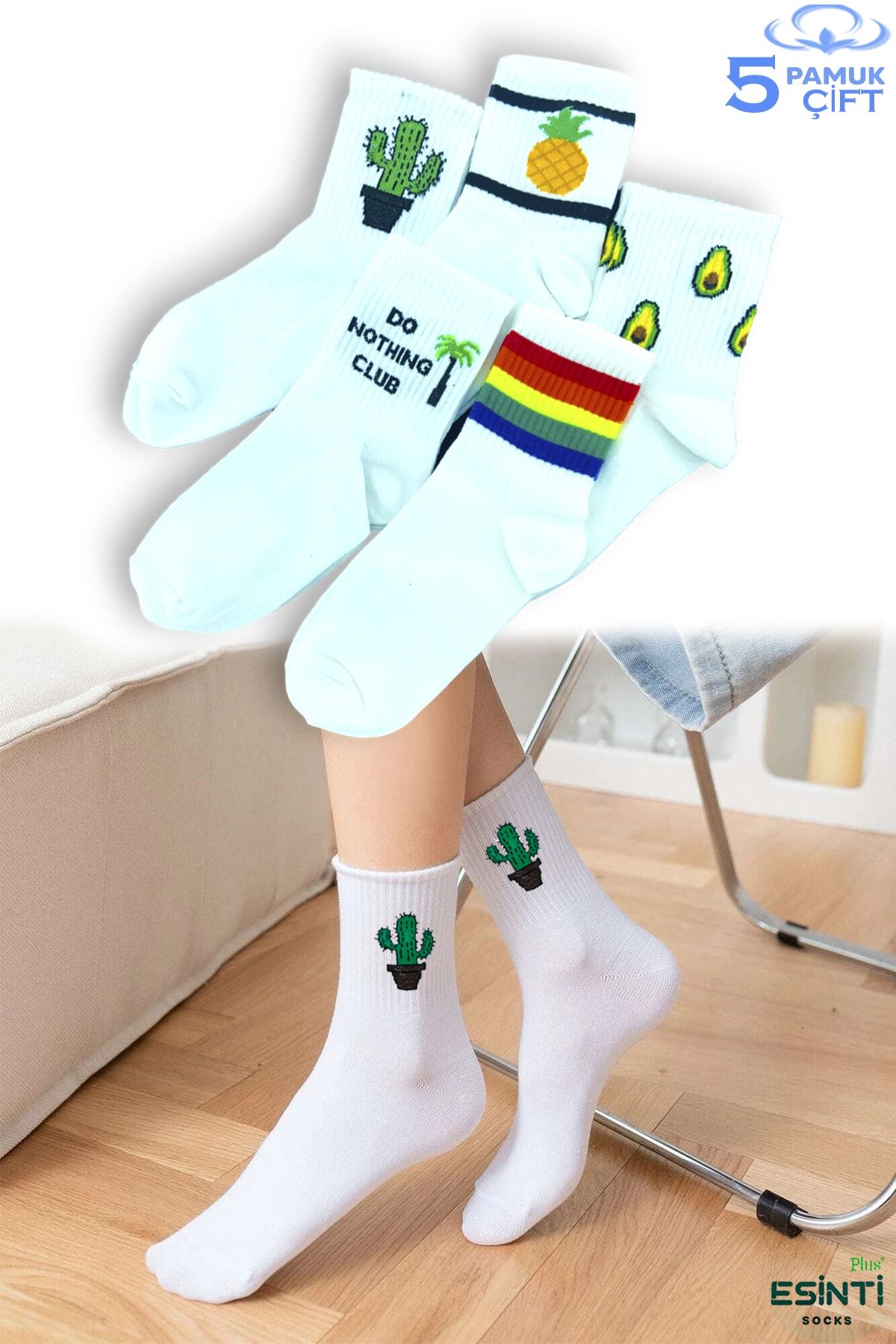 Esinti Erkek Çorap Kadın Çorap Uzun Spor Çorapları Desenli Soket Çorap Renkli Çorap 5 Adet