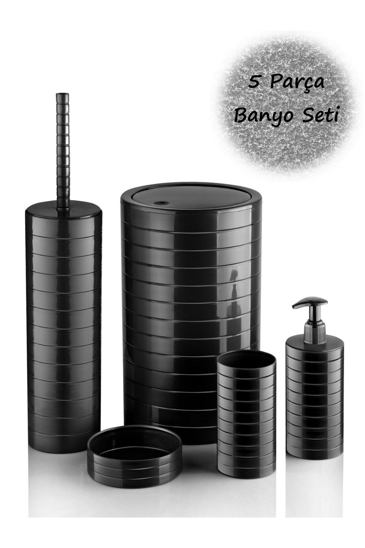 Bayev Moblen Siyah Yuvarlak Banyo Seti 5'li Set Çöp Kovası Diş Fırçalık Sıvı Sabunluk