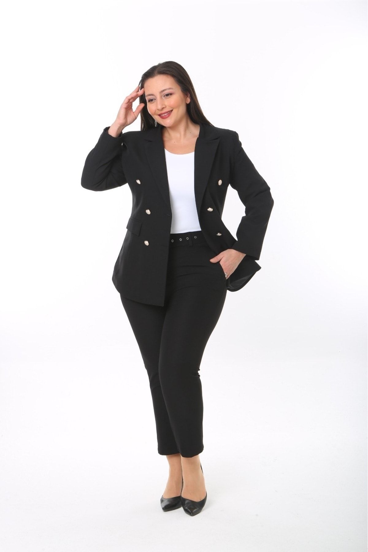 ModaSehle Kadın Büyük Beden Dokuma Atlas Kumaş Pantolon Ceket Takım Elbise 10ctk1657