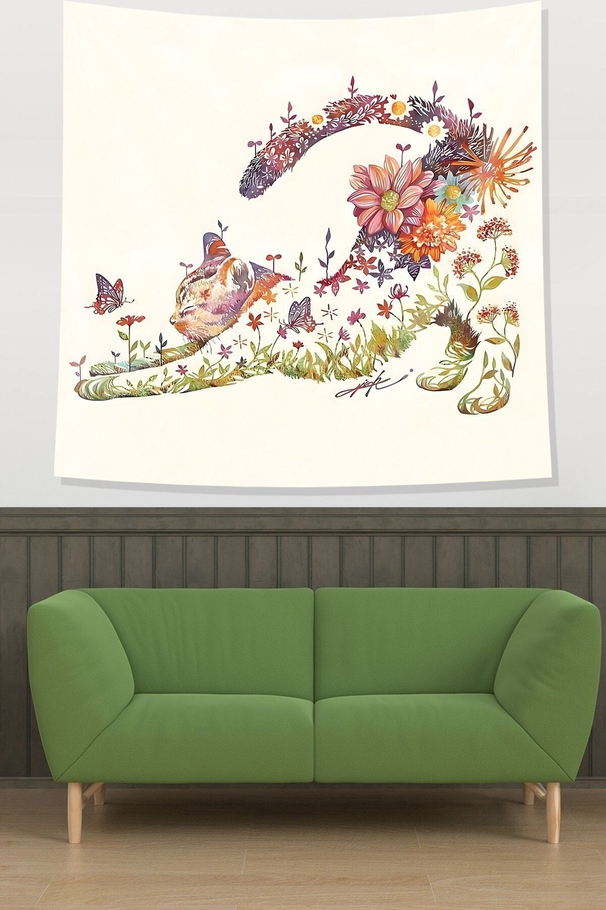 on the clouds Floral Desen Kedi Leke Tutmaz Kumaş Duvar Örtüsü Duvar Halısı Tapestry