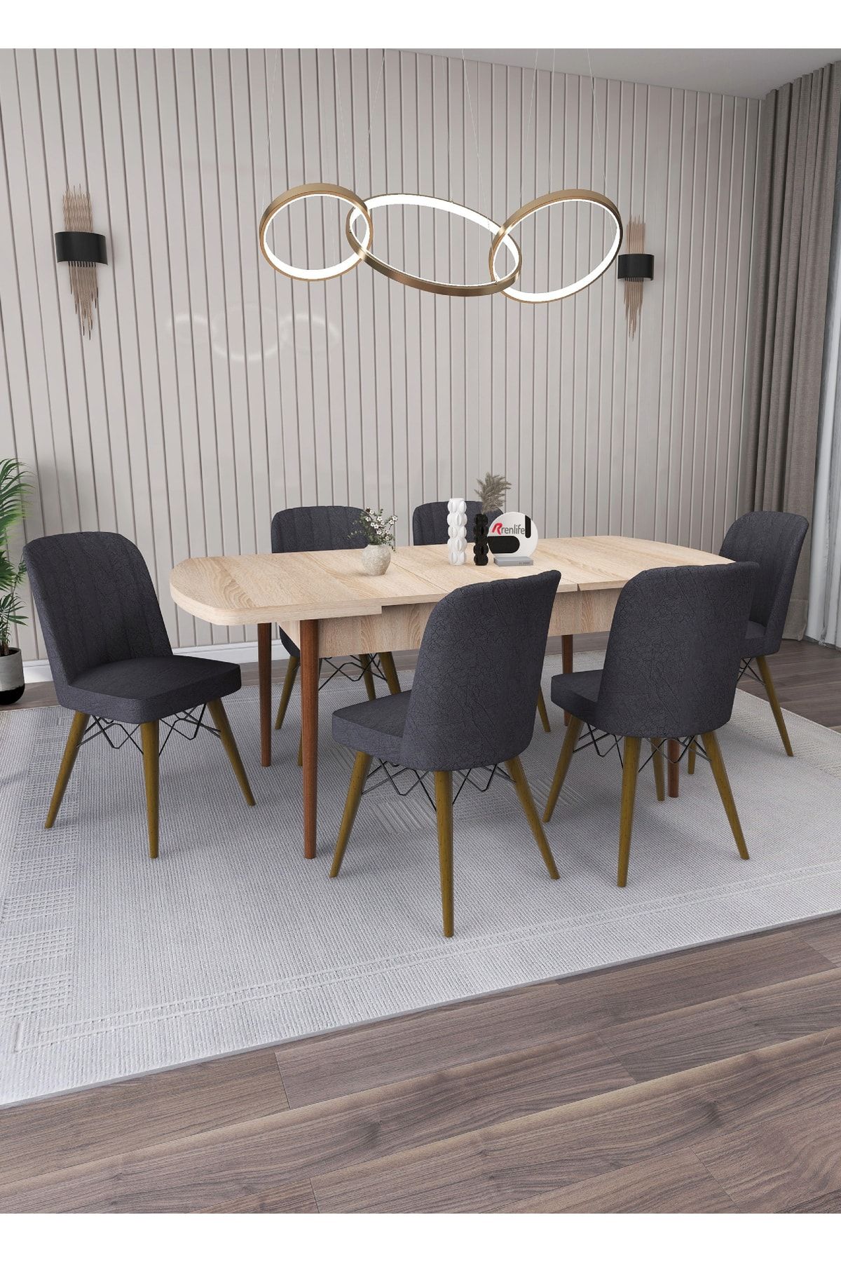 Renlife Yemek Masası Masa Sandalye Takımı Salon Masası Açılabilir 6 Kişilik (SONOMO-KOYU GRİ SANDALYE)