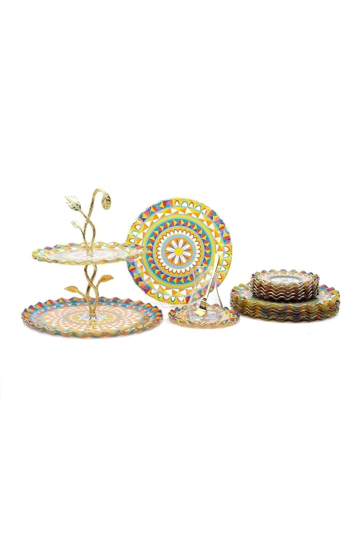 Glore Mozaik Altın Yaldızlı 6 Kişilik 25 Parça Pasta Çay Ikram Takımı
