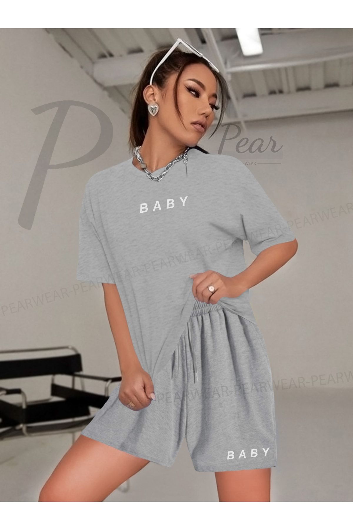 Pear Wear Kadın Baby Baskılı Oversize Tshirt Şort İkili Takım