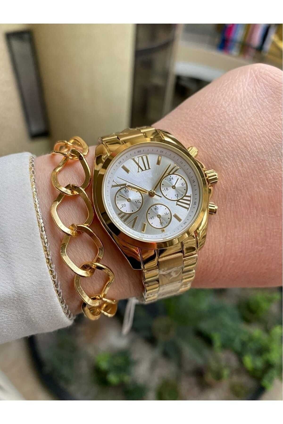 ÇENÇEN Altın Klasik Kadın Kol Saati, Çelik Kasa Zirkon Taşlı Analog Klasik Saat