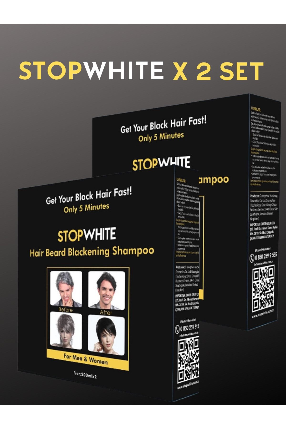 STOP WHITE Saç Sakal Siyahlaştırıcı Şampuan Seti 400 ml X 2 Set