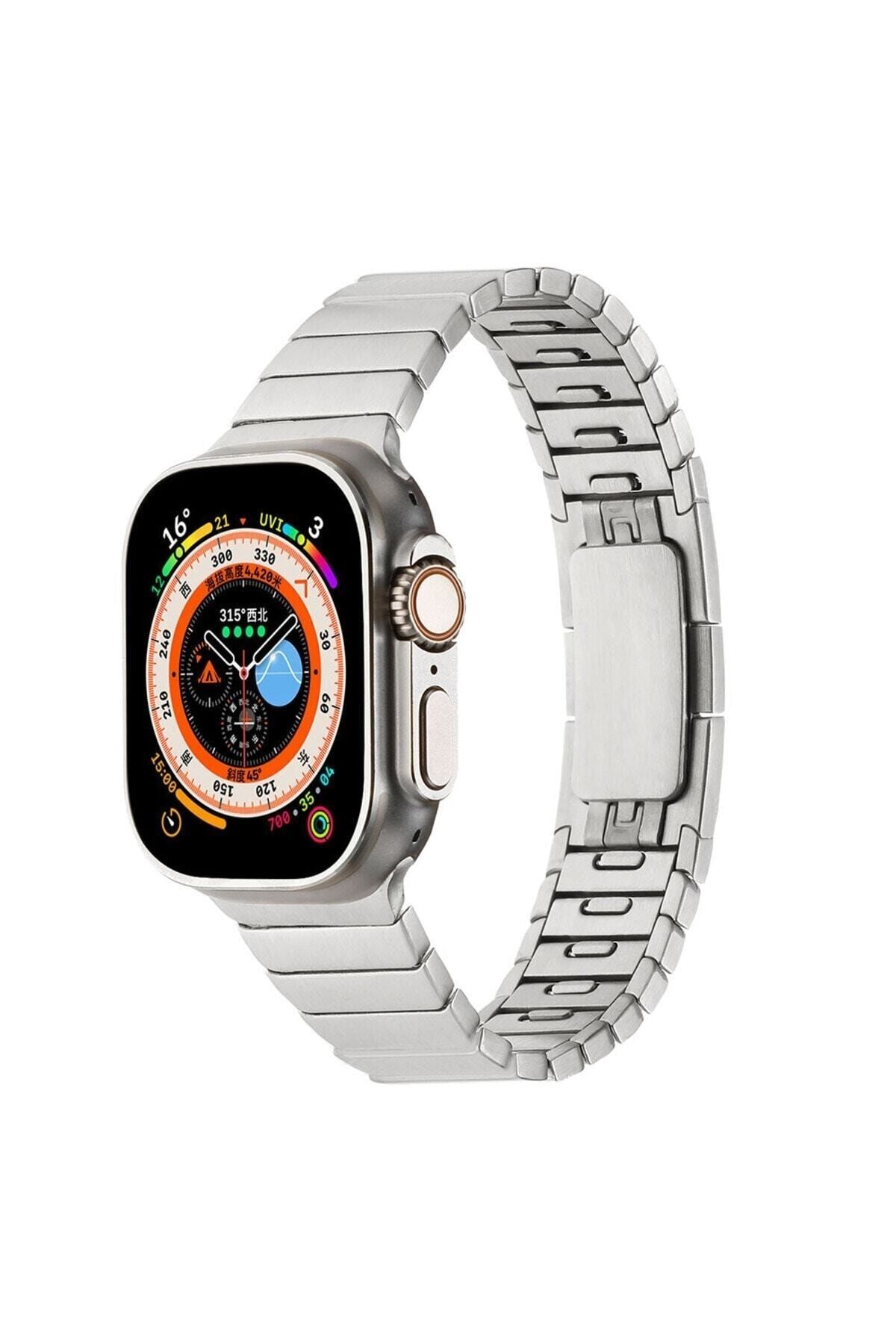Dolia Apple Watch Ultra 3 4 5 6 7 8 Se 42 44 45 49mm Uyumlu Çelik Kordon Çizgi Tasarımlı Klipsli Bileklik