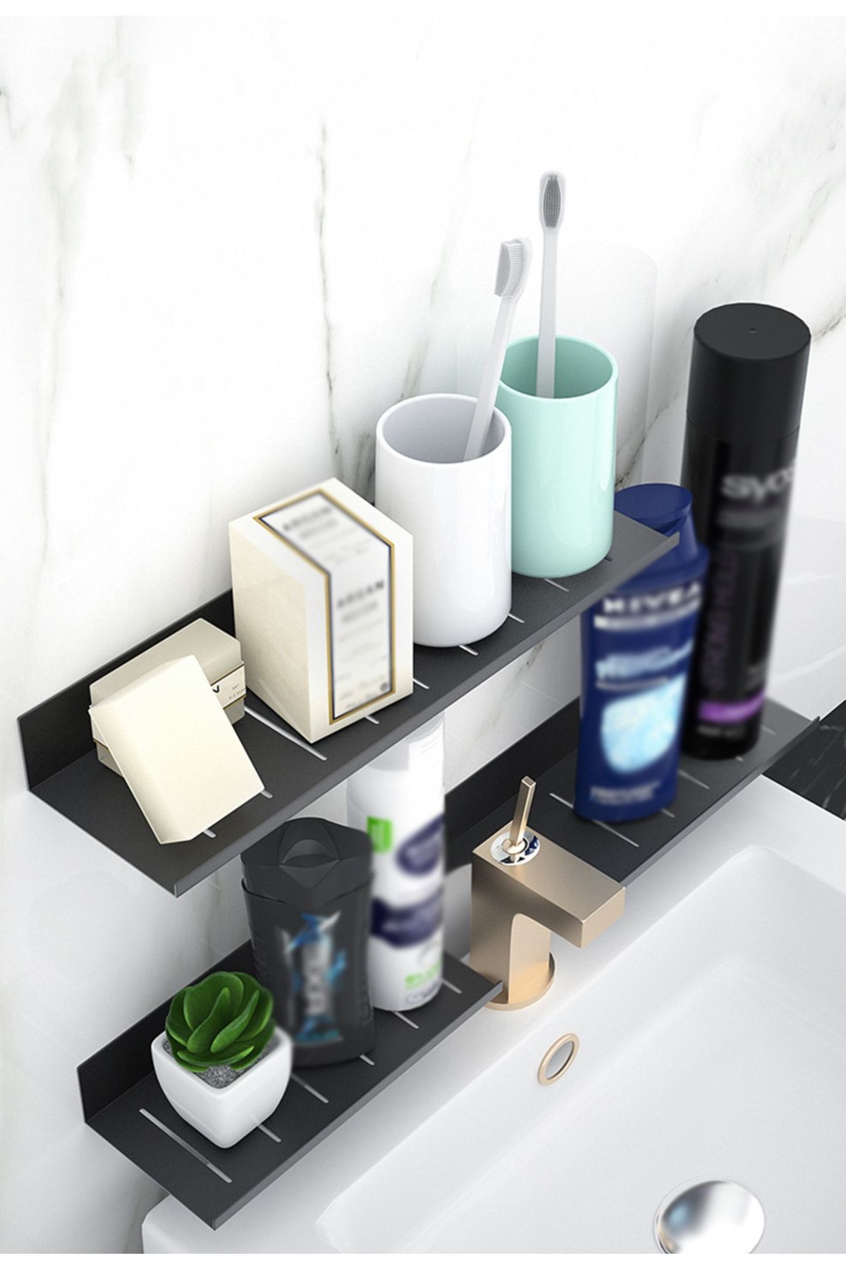 Dns Baskı Merkezi Siyah Banyo Mutfak Düzenleyici Pleksi Raf Set 40cm x 10 cm / 30 cm x 10 cm (2li set )