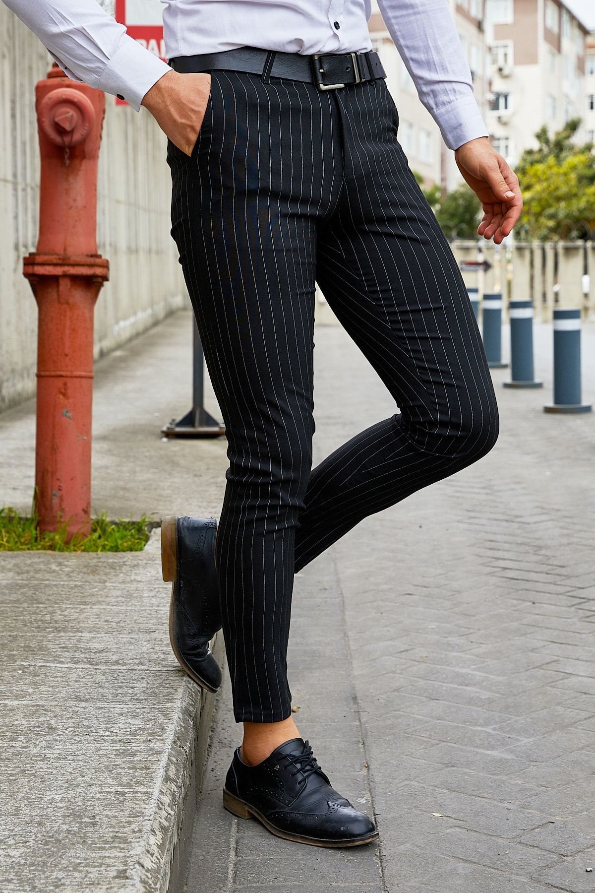 MODAMESTO Erkek Siyah Çizgili Slim Fit Kumaş Pantolon
