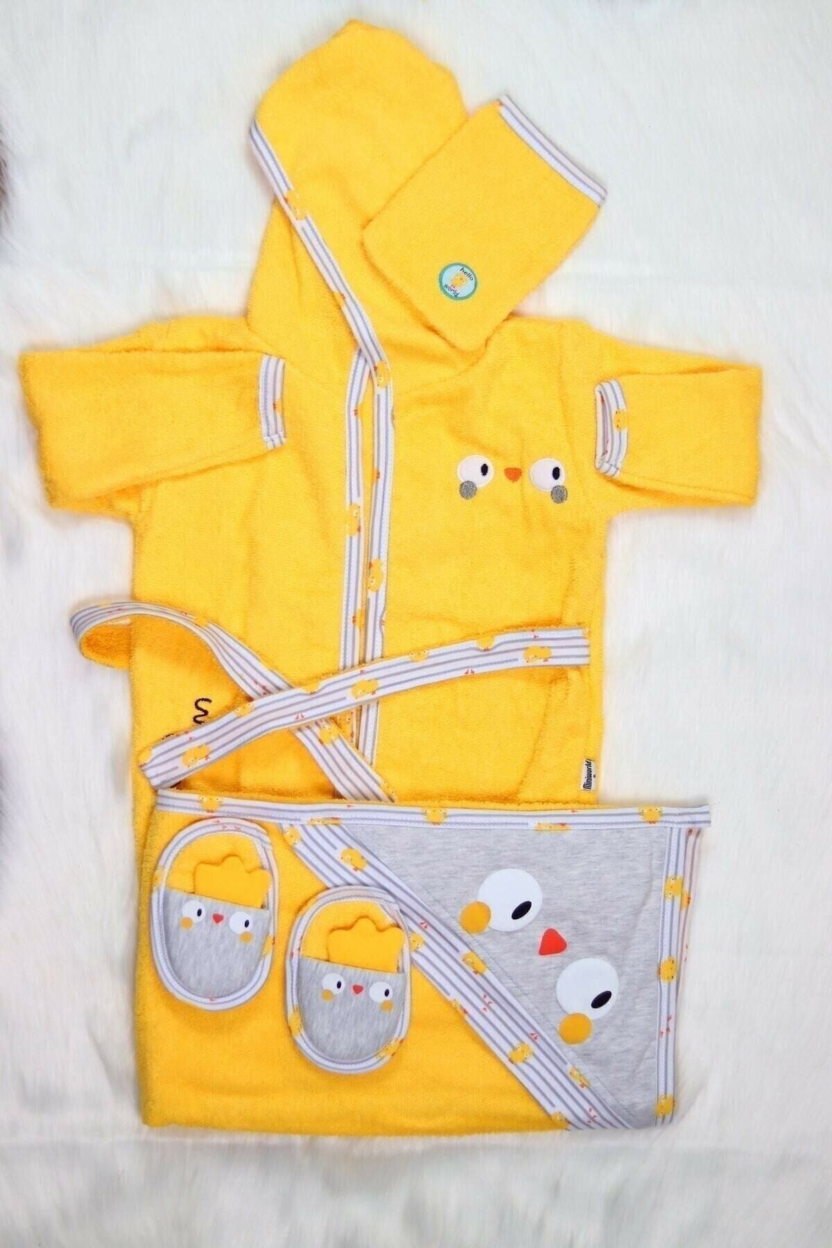 Miniworld Unisex Bebek Sarı Civciv Bornoz Havlu Takımı