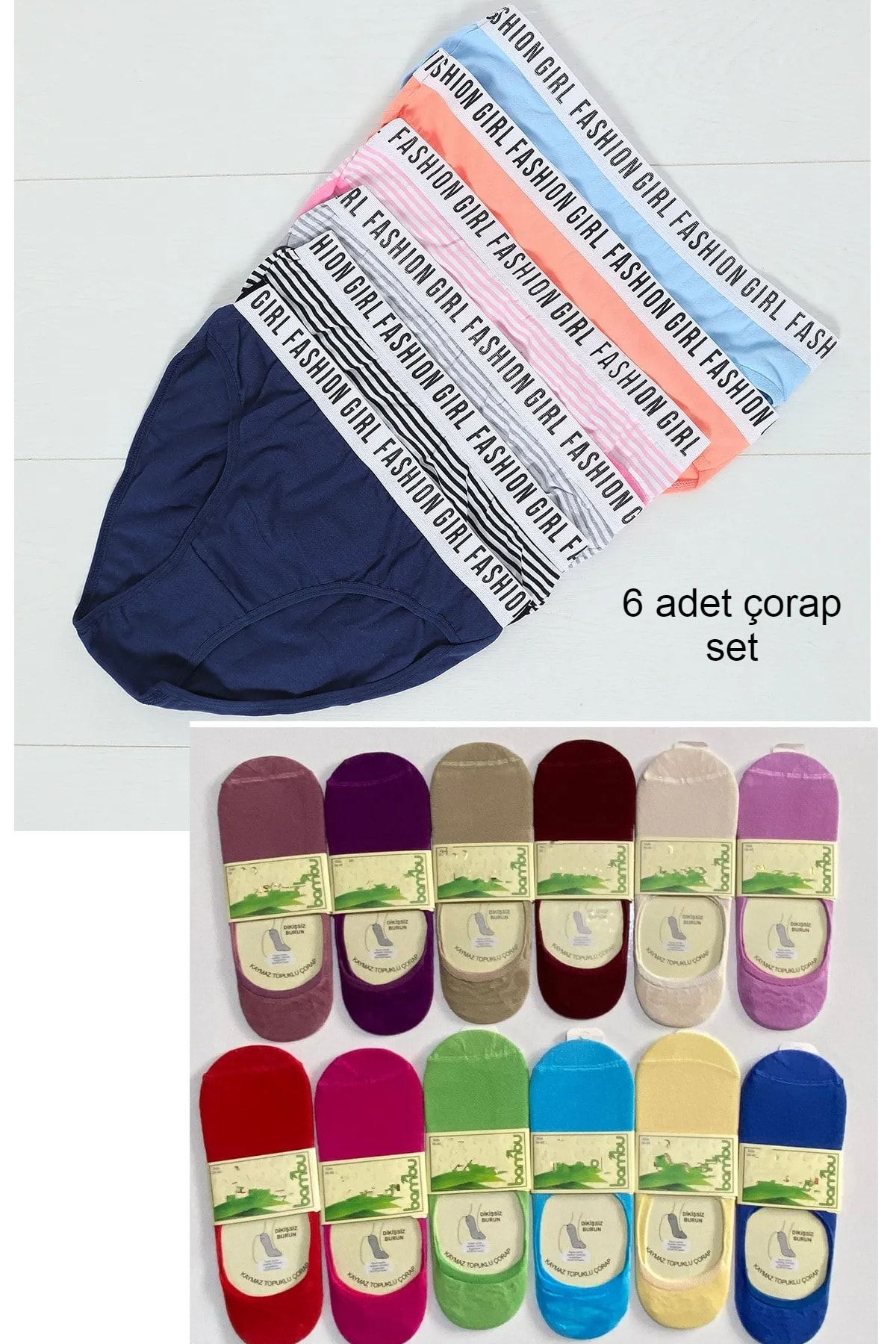 Tutku 6'lı Paket Çok Renkli Fashion Girl Kadın Slip Külot Çorap Set