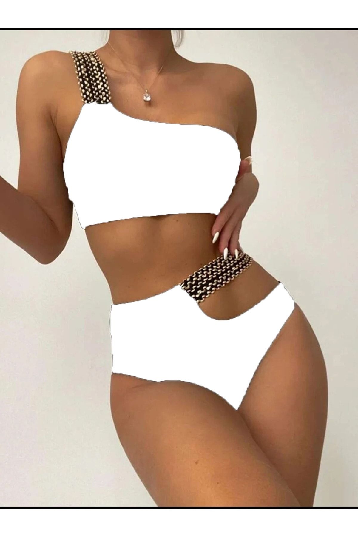 sayina Kadın Beyaz Simli Tek Omuz Kurdele Nakış Lastik Detaylı Yüksek Bel Astarlı Şık Bikini Takımı