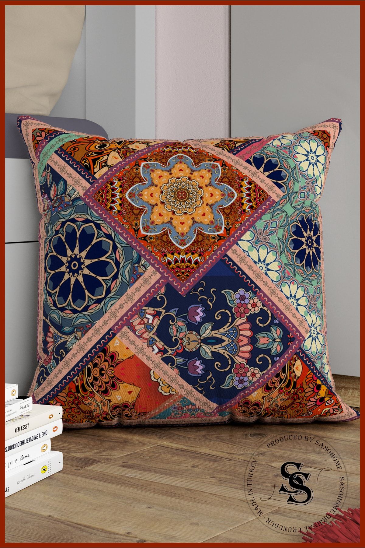 Saso Patchwork Mandala Desenli Dijital Baskılı Kırlent Kılıfı