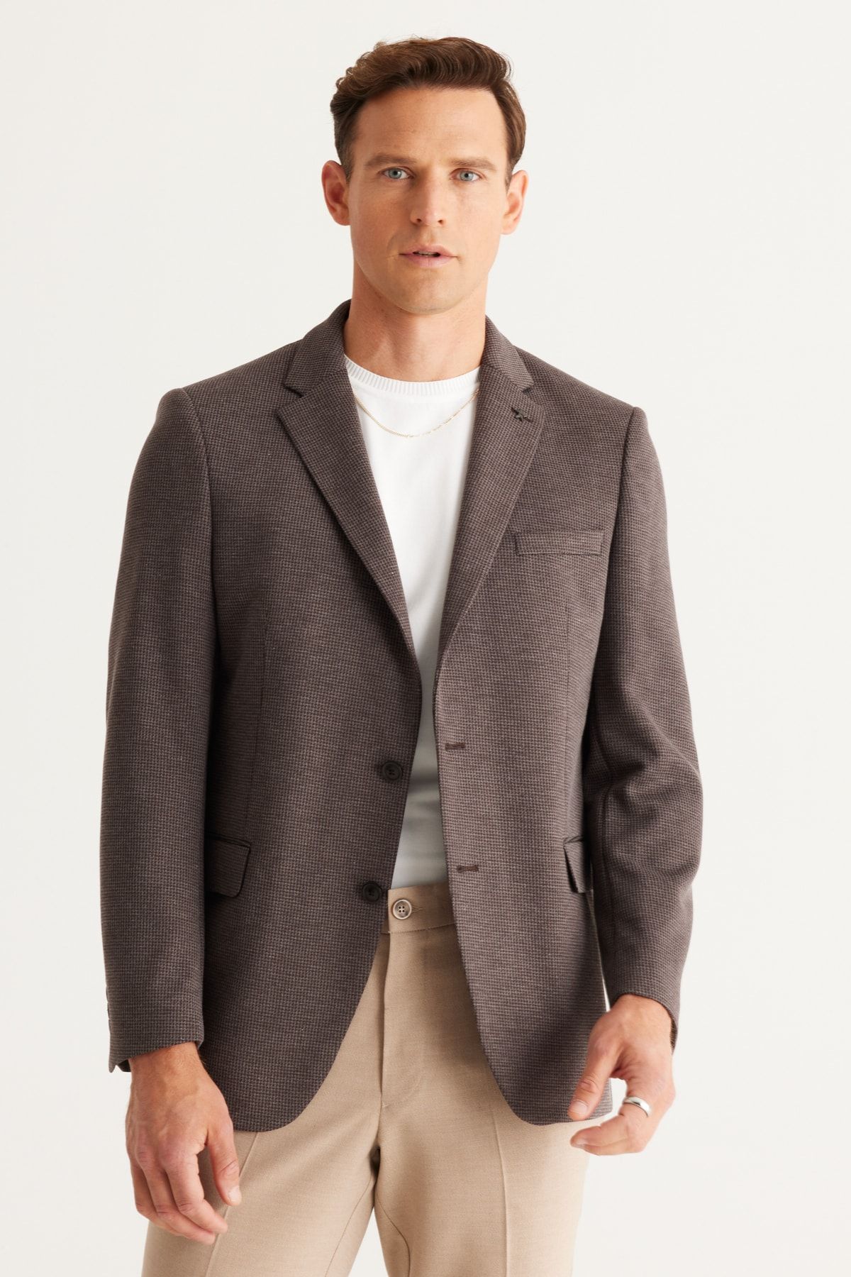 Altınyıldız Classics Erkek Kahverengi Comfort Fit Rahat Kesim Mono Yaka Örme Blazer Ceket