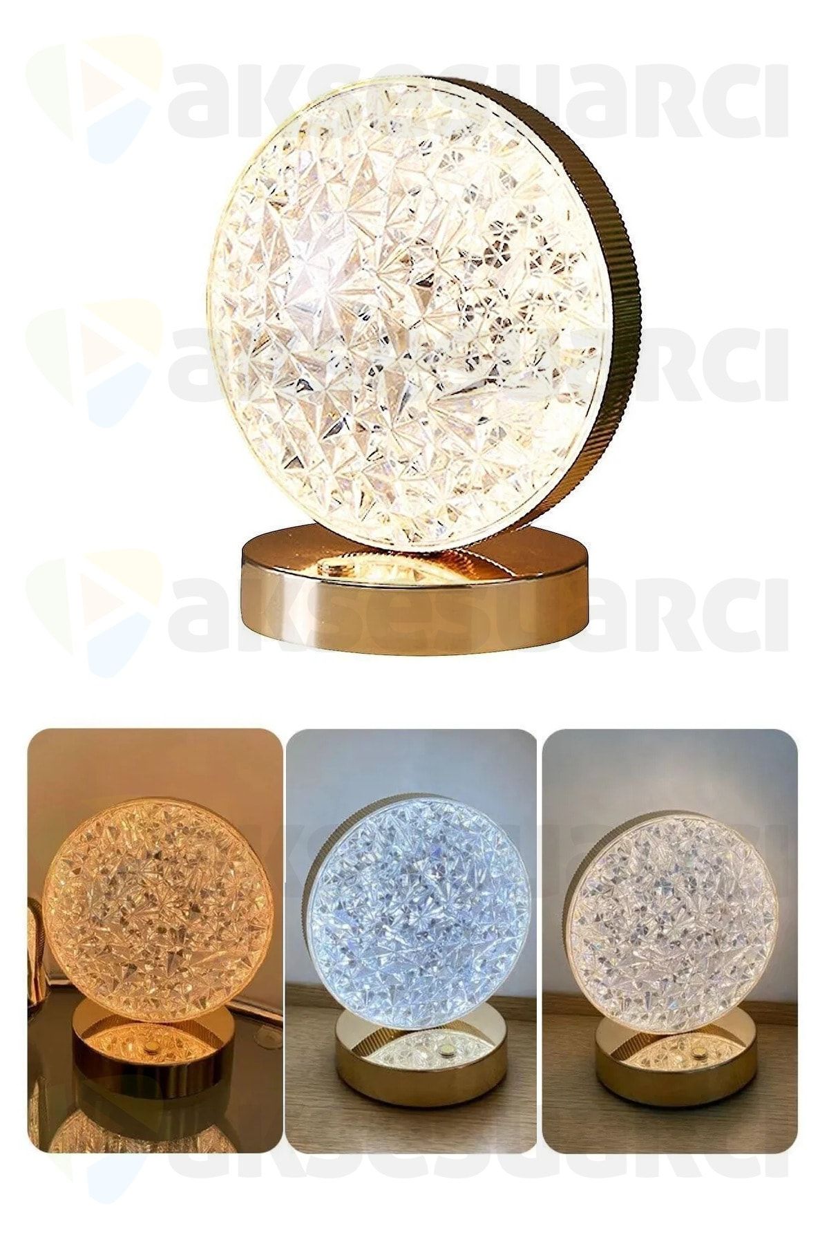 Aksesuarcı Küre Yuvarlak Kristal Dekoratif 3 Renkli Masa Lambası Dokunmatik Romantik Loş Akrilik Led Gece Işığı