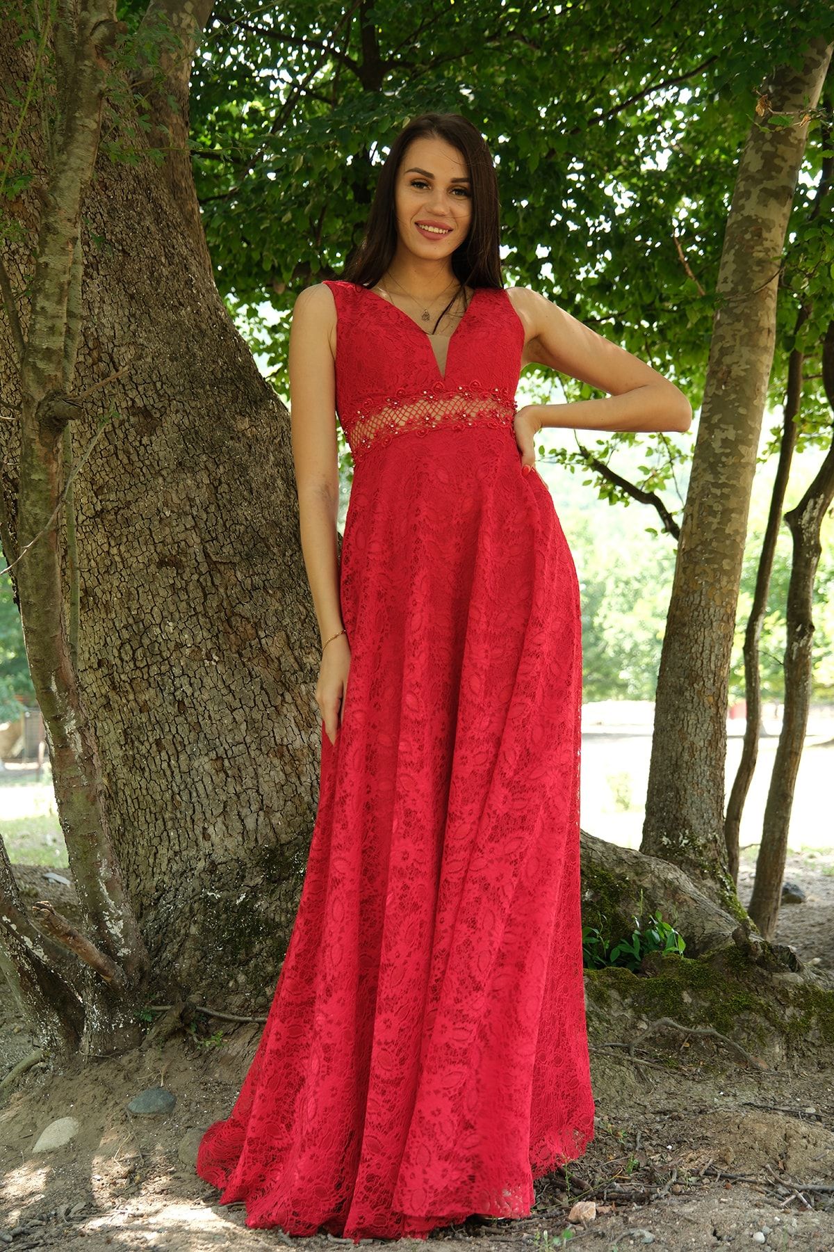 Feminist Beli Transparan Ve Taş Detaylı Dantelli Abiye Elbise Kırmızı 1301819