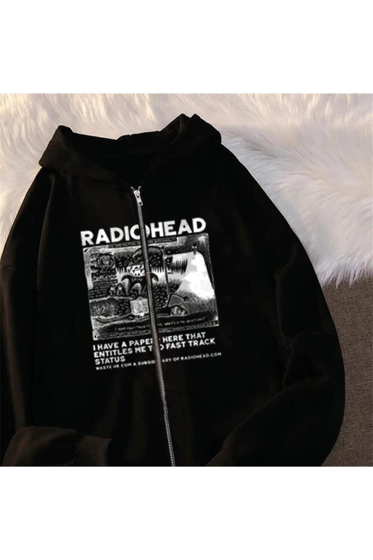 Touz Moda Radiohead Baskılı Oversize Fermuarlı Siyah Unisex Kapüşonlu Hırka