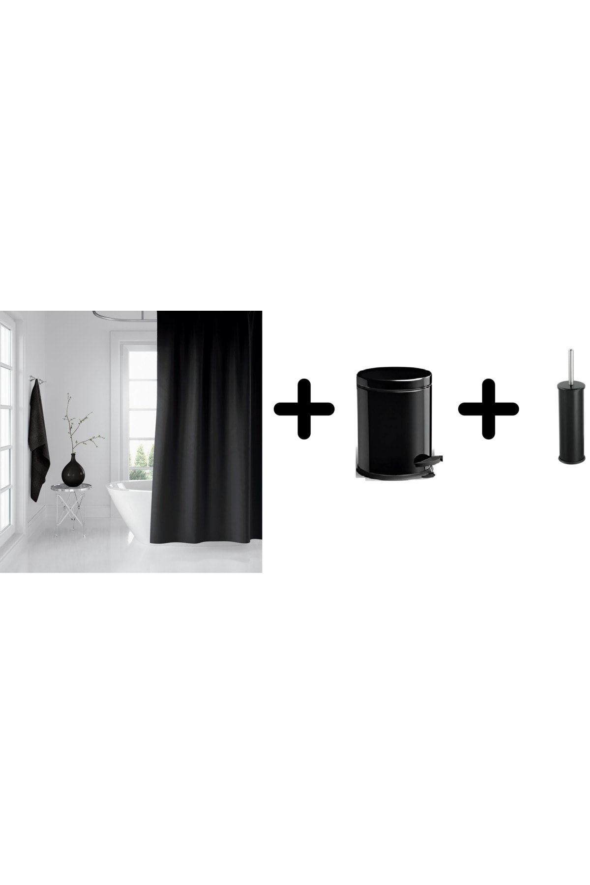 Zethome Banyo Duş Perdesi Siyah Çift Kanat Pedallı Çöp Kovası 5 Lt Ve Tuvalet Fırçası Set