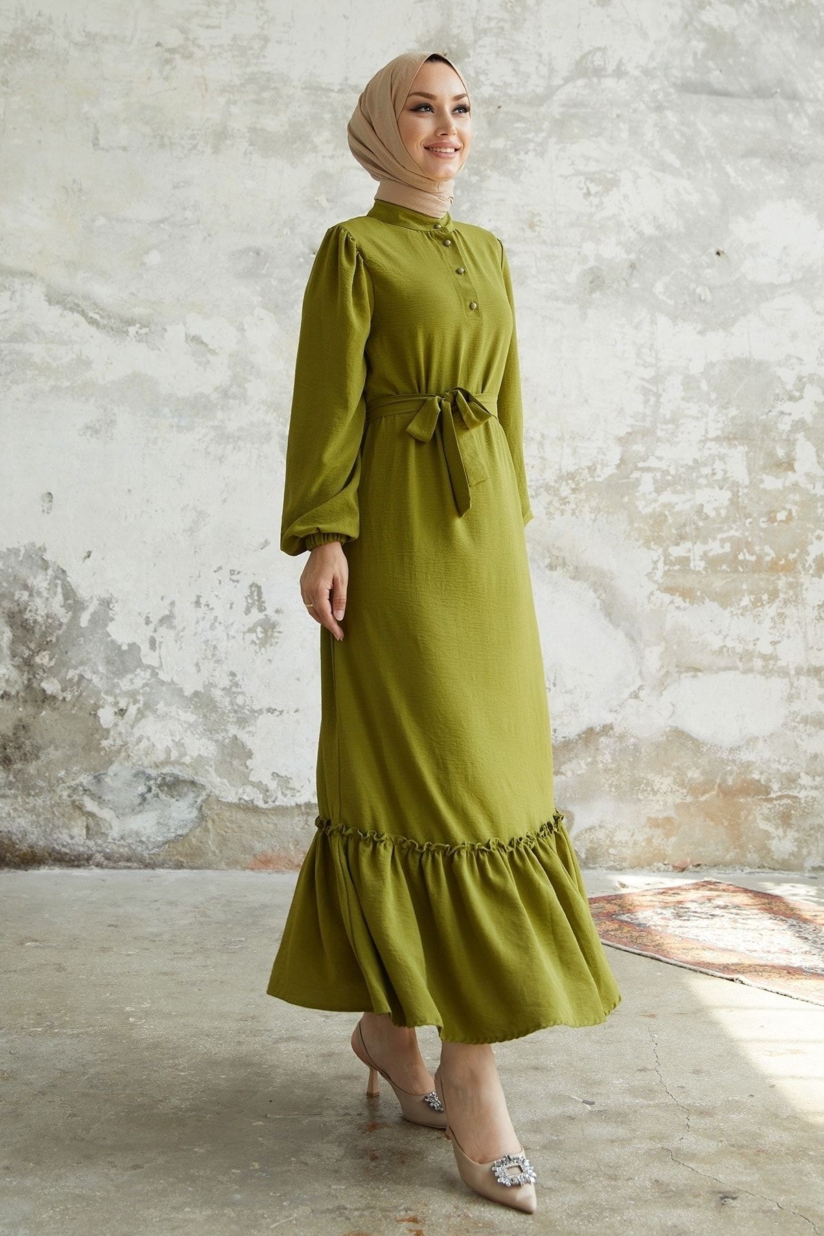 InStyle Meyra Düğmeli Ayrobin Elbise - Fıstık Yeşili