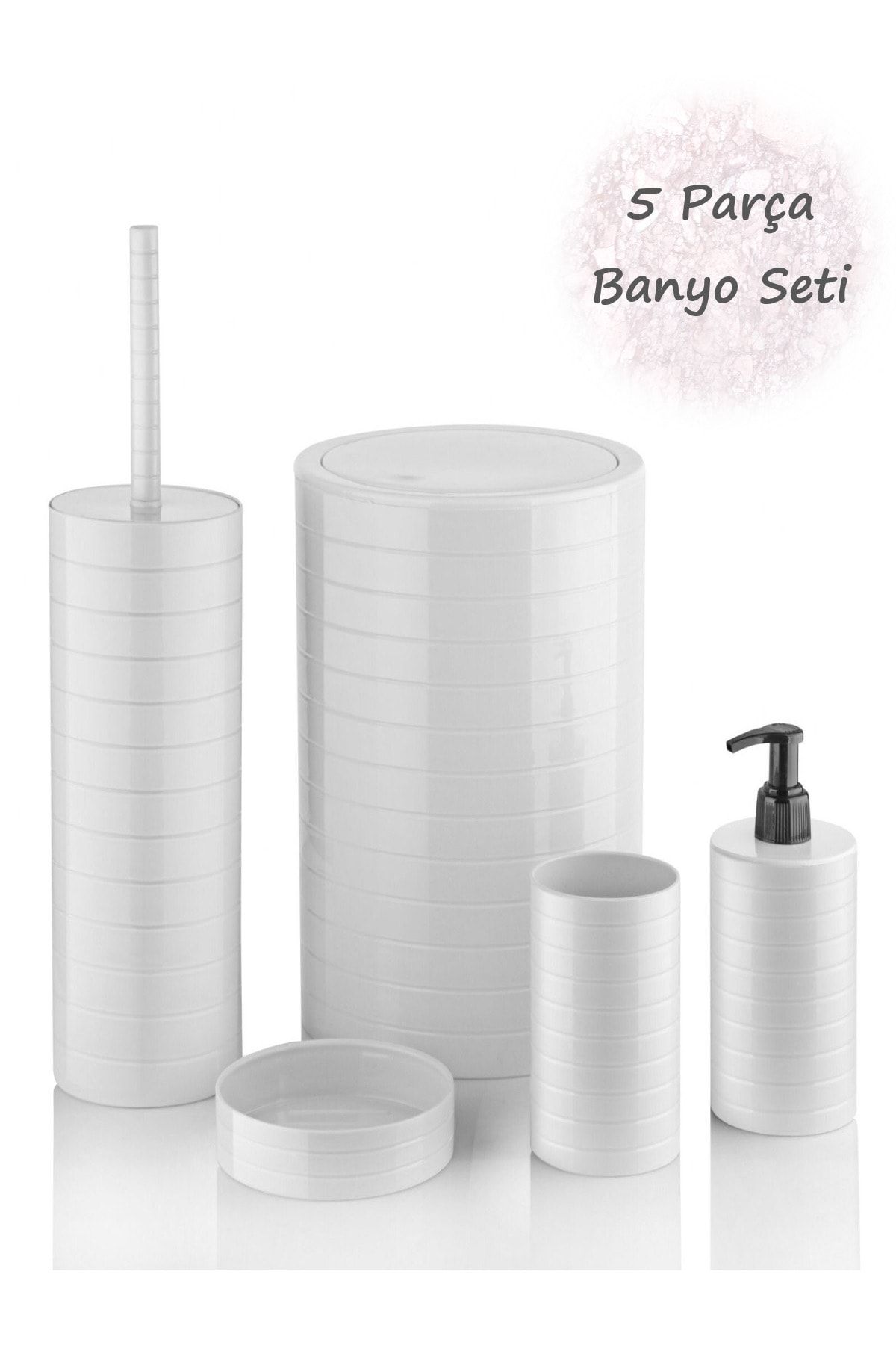 Bayev Moblen Beyaz Yuvarlak Banyo Seti 5'li Set Çöp Kovası Diş Fırçalık Sıvı Sabunluk