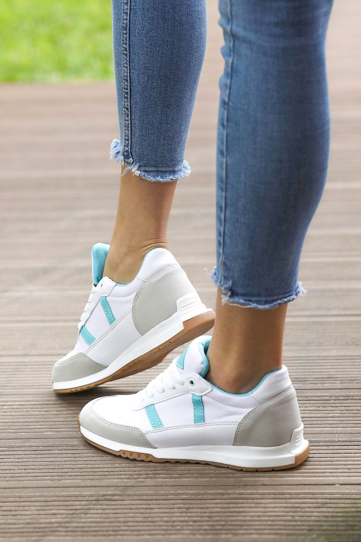 Tripy Kadın Bağcıklı Turkuaz Şeritli Günlük Beyaz Sneaker Spor Ayakkabı