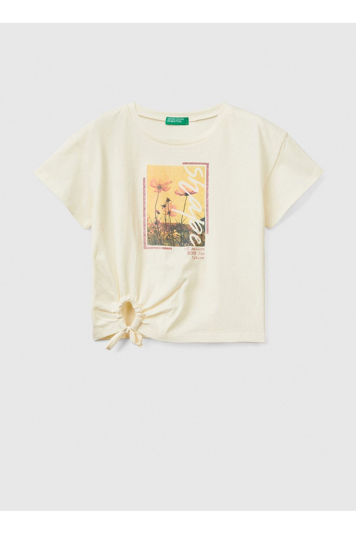Benetton Baskılı Krem Kız Çocuk T-Shirt 3096C10B4
