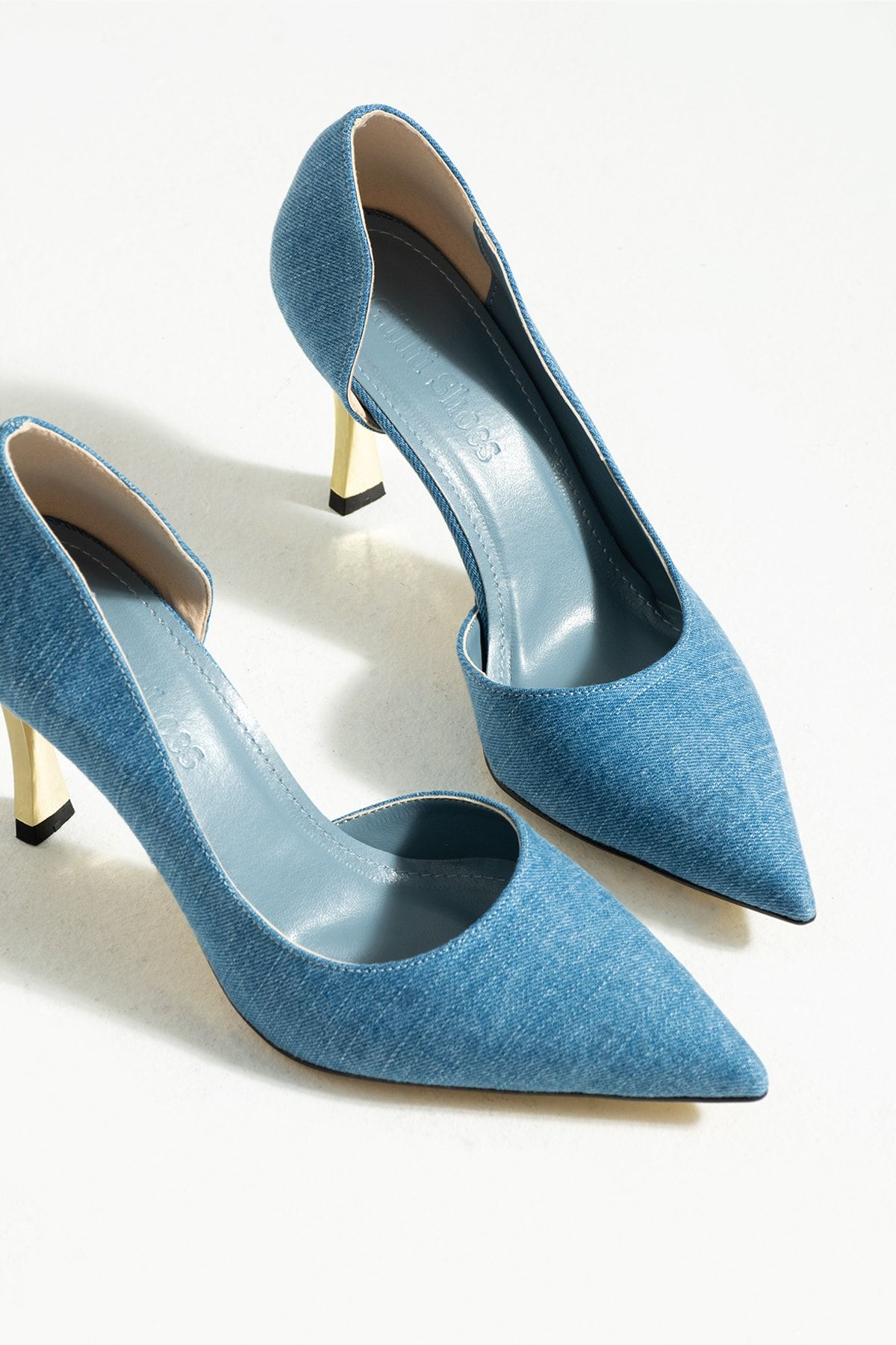 Güllü Shoes Kadın Topuklu Ayakkabı - Yüksek Topuklu Stiletto Rahat Şık ve İnce İş Ayakkabısı Mavi Kot 9 cm