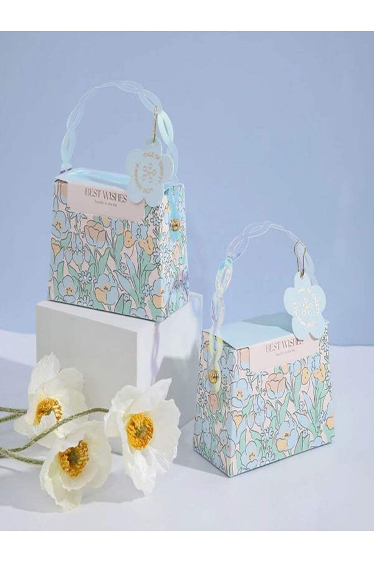 Kutumania Mavi Çiçek Desenli Çanta Şeklinde Kına , Düğün , Doğumgünü Hediyelik Şeker Kutuları