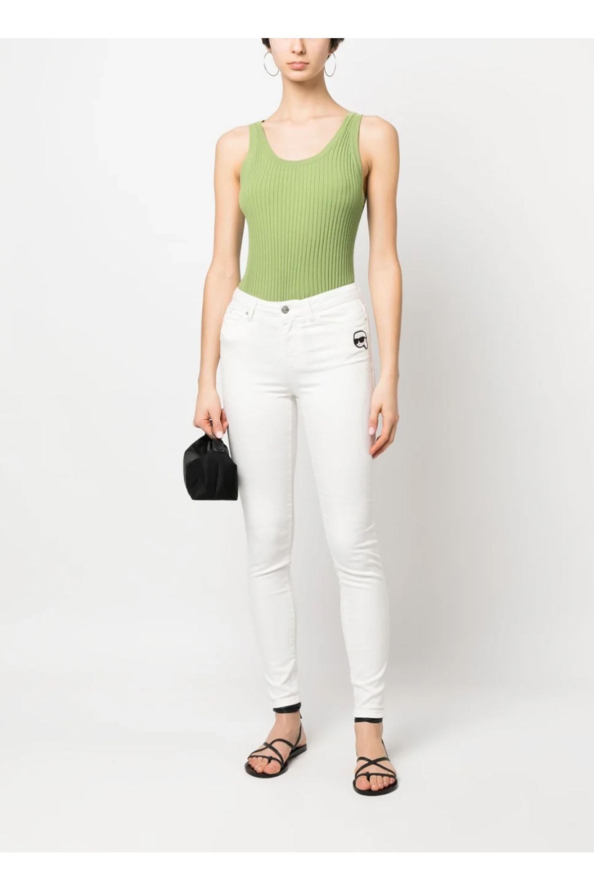 Karl Lagerfeld Yüksek Bel Normal Beyaz Kadın Denim Pantolon 230W1110